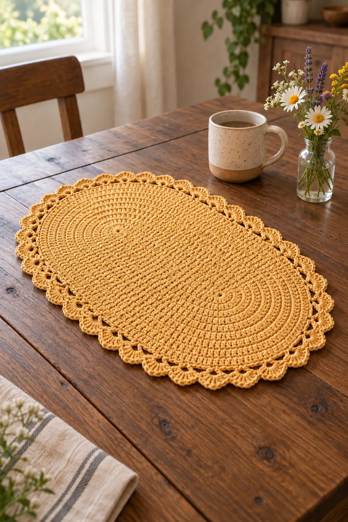 Golden oval crochet placemat styled with a ceramic mug and simple wildflowers