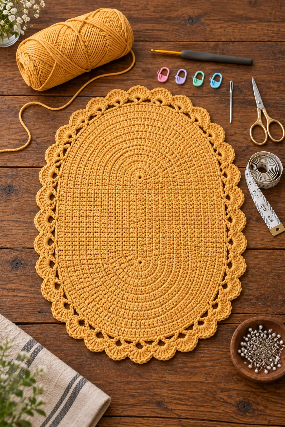 Golden cotton yarn crochet hook four markers needle scissors tape measure and blocking pins