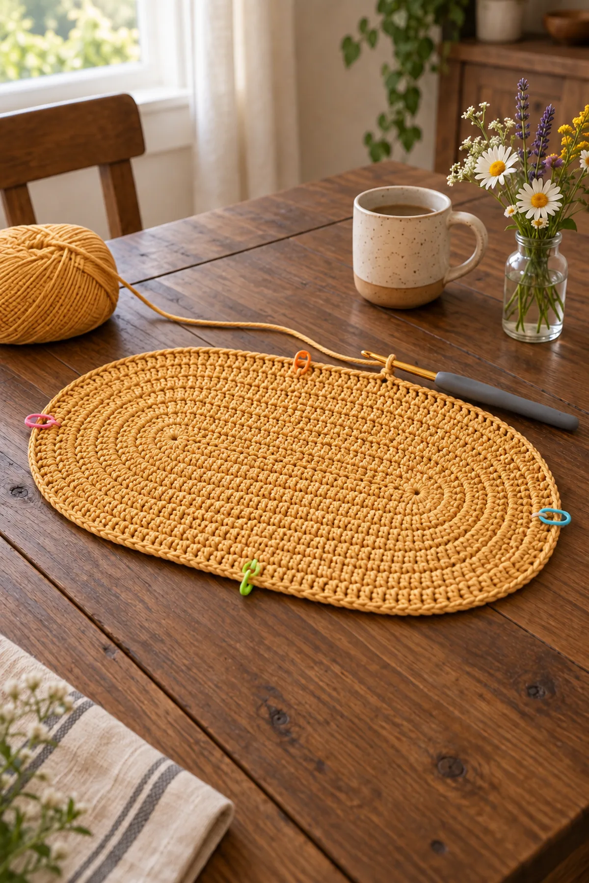 Golden crochet foundation oval with markers positioned at both rounded ends