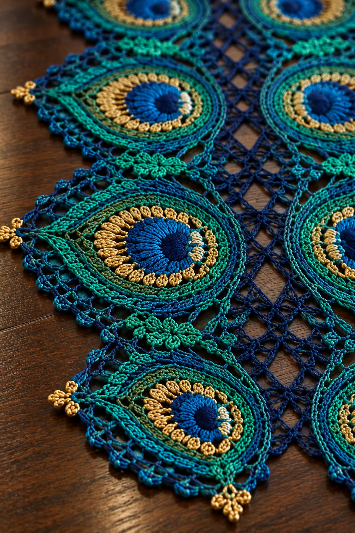 Close-up of peacock feather bullion clusters gold picot and navy diamond mesh join