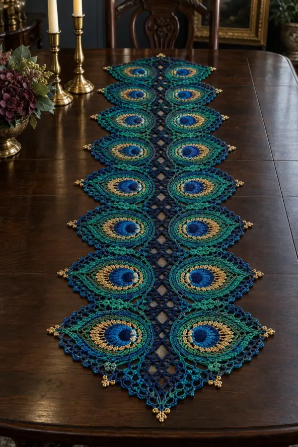 Finished jewel tone crochet peacock feather lace table runner with navy mesh spine
