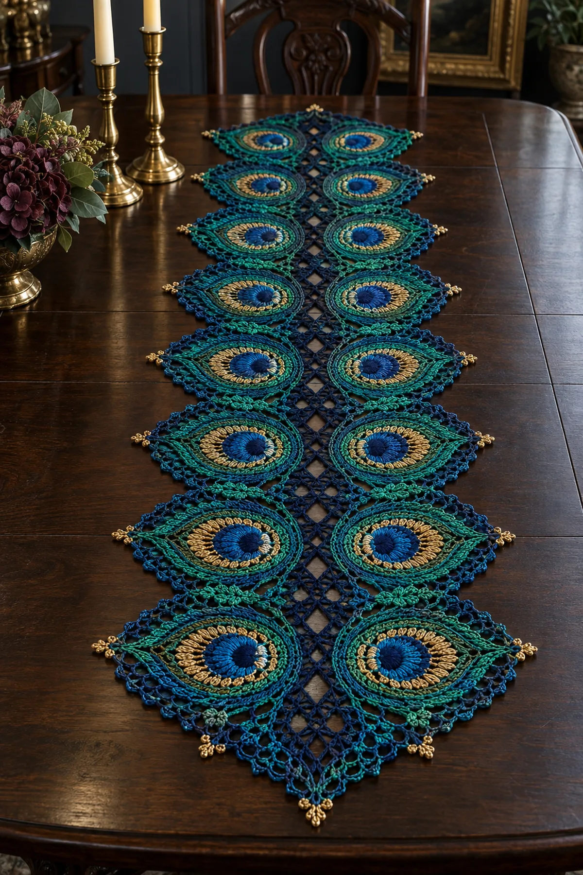 Finished jewel tone crochet peacock feather lace table runner with navy mesh spine