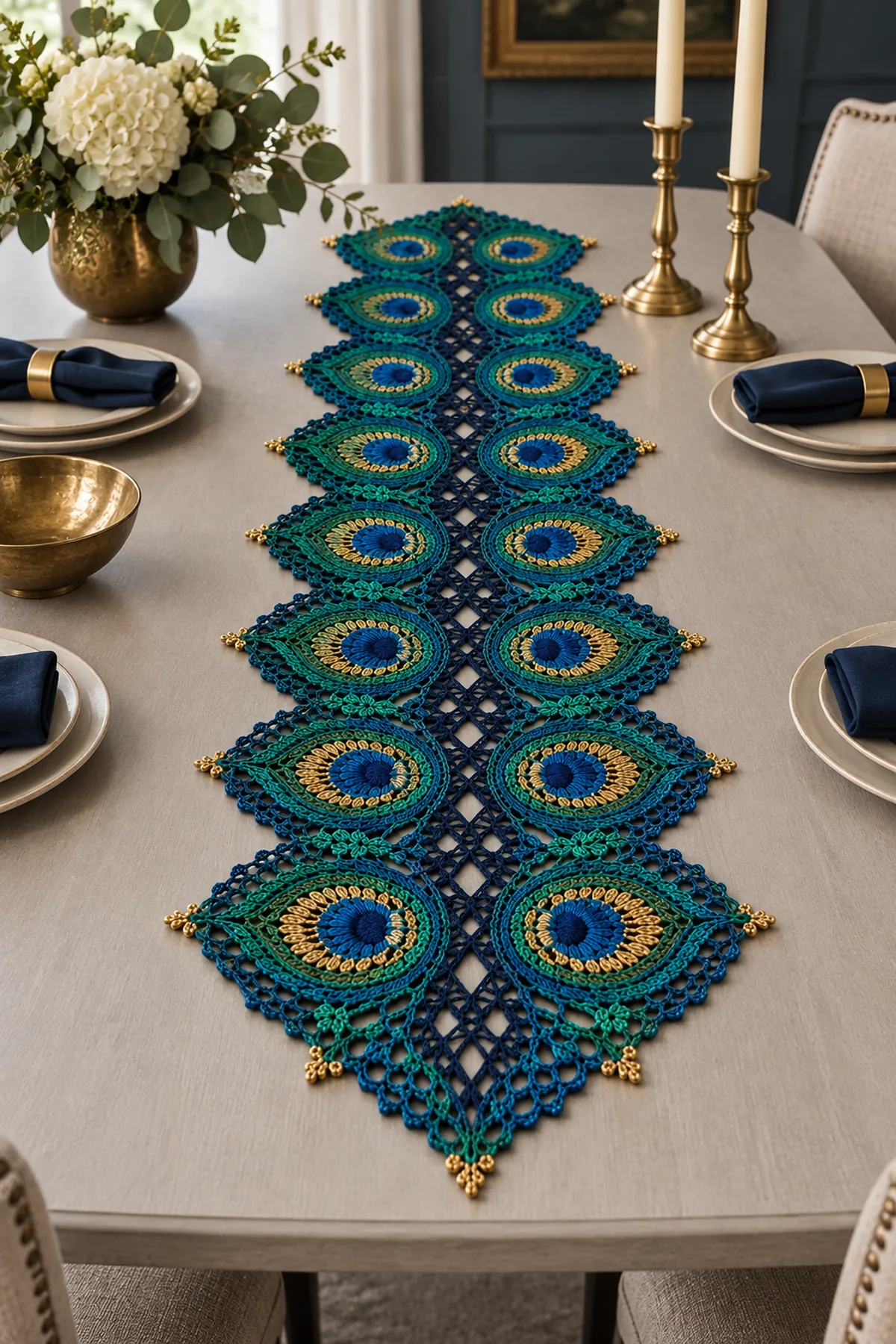 Peacock feather lace crochet table runner styled with brass candleholders on a dark wood table