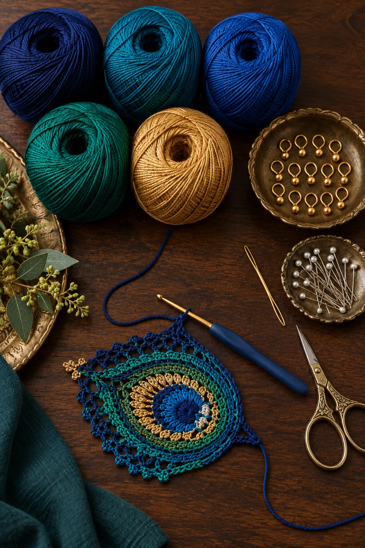 Navy teal sapphire emerald and gold sport cotton crochet hook markers needle scissors and blocking pins