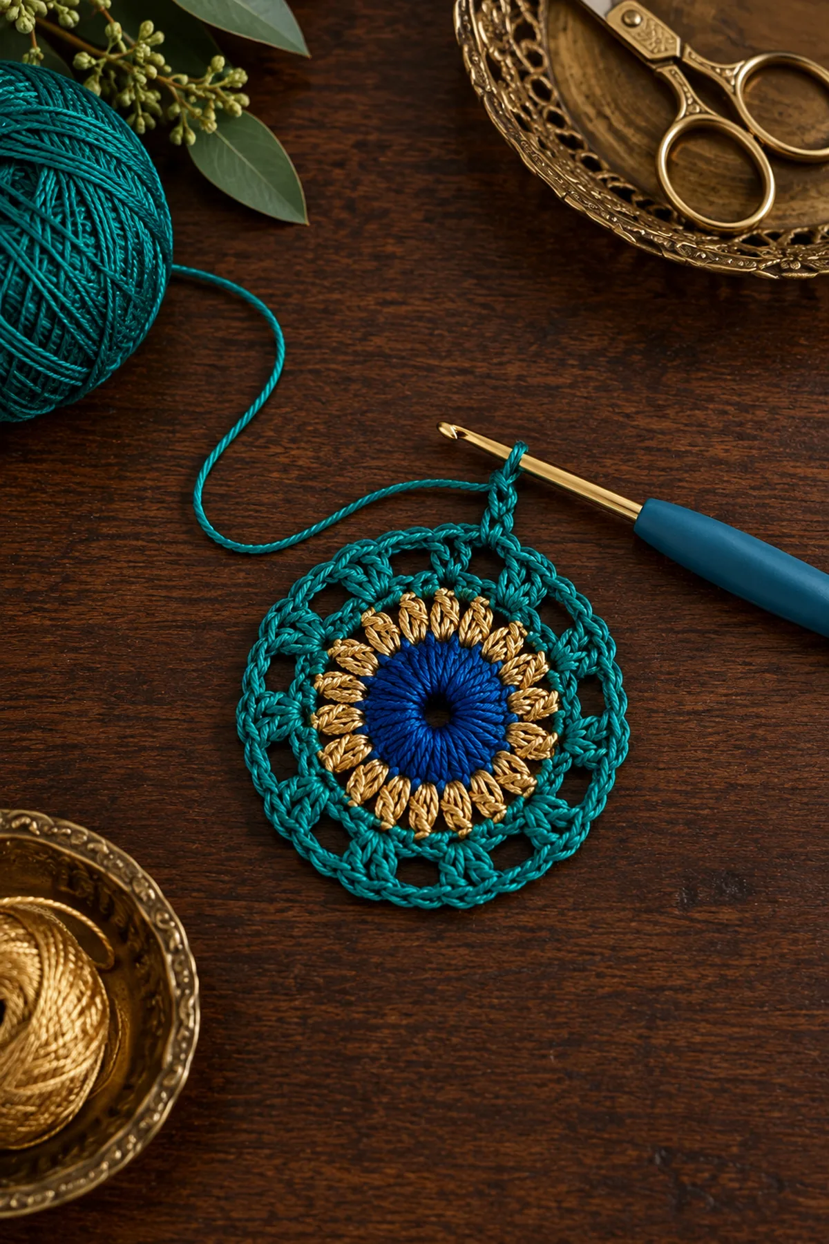 Small gold and sapphire crochet peacock feather eye after three motif rounds