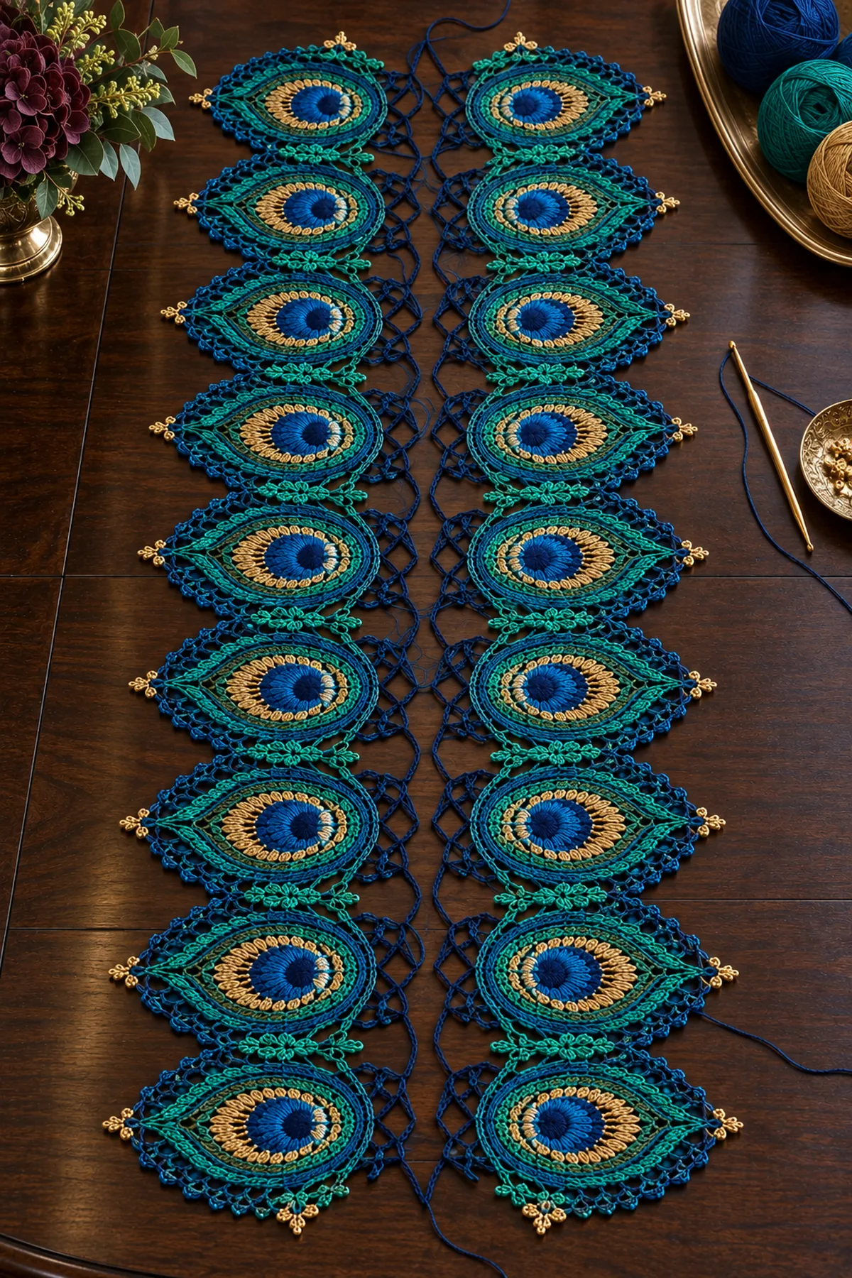 Sixteen teal peacock feather crochet motifs arranged in two mirrored columns