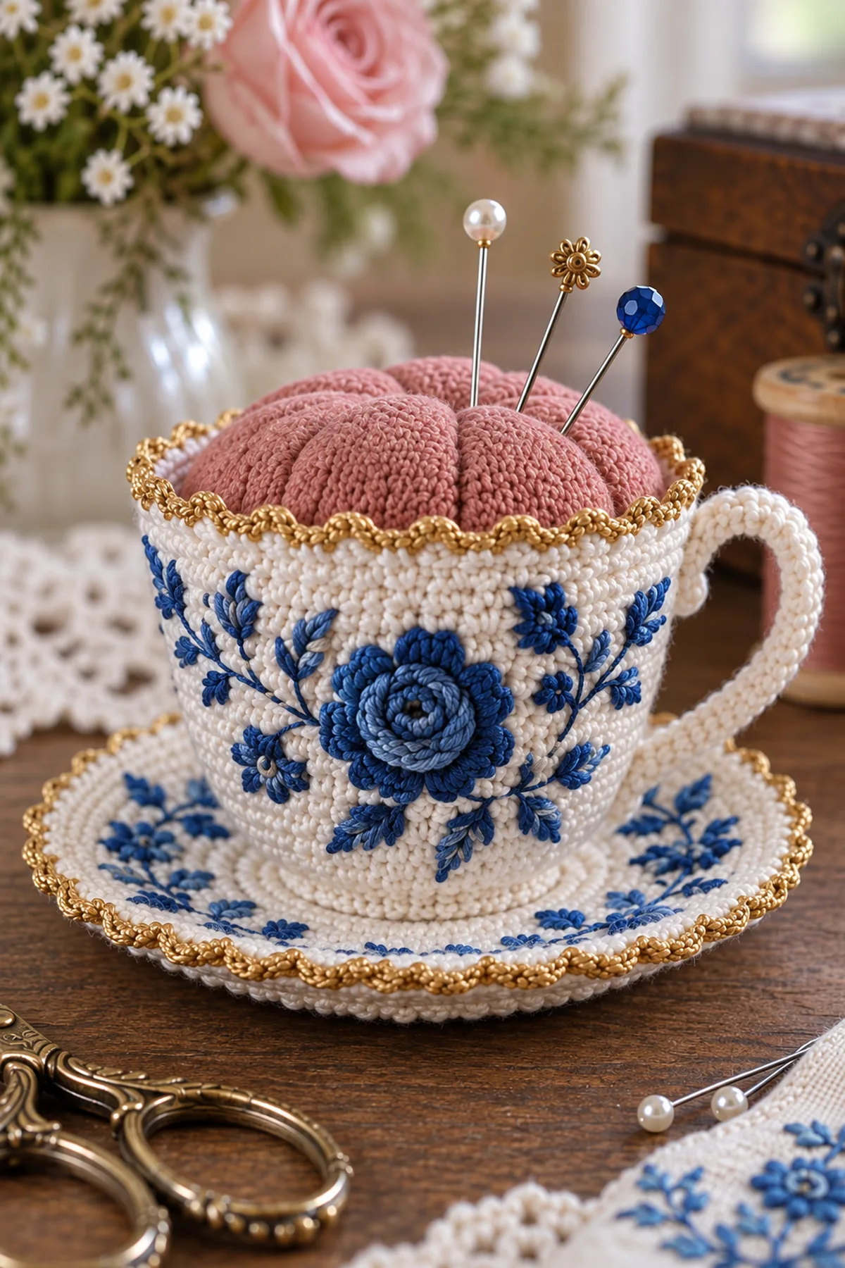 Close-up of cobalt surface flower gold picot rim curved handle and padded rose insert