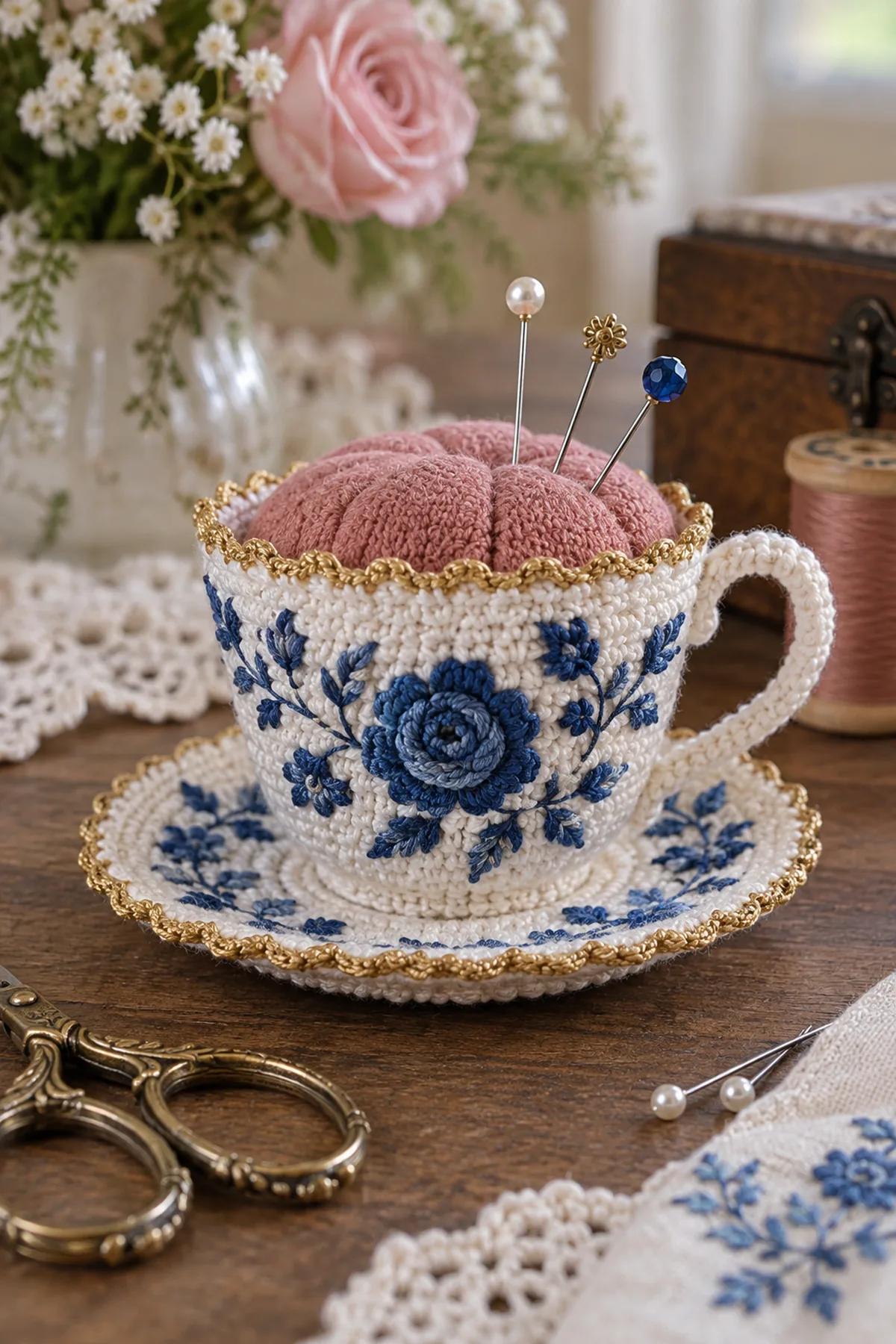 Finished white crochet porcelain teacup pincushion with cobalt flowers gold rim and rose insert