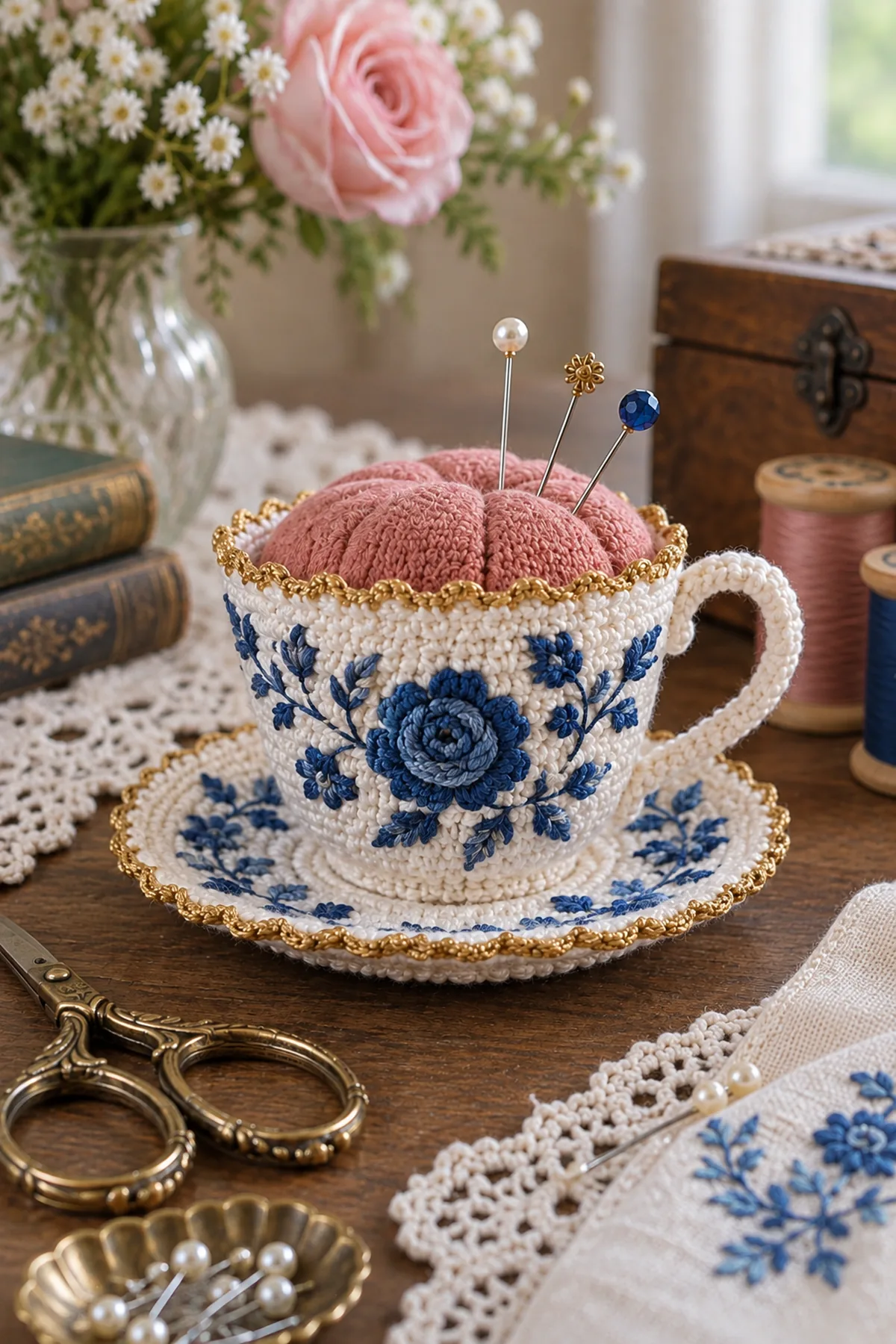 Porcelain style crochet teacup pincushion styled beside vintage sewing notions