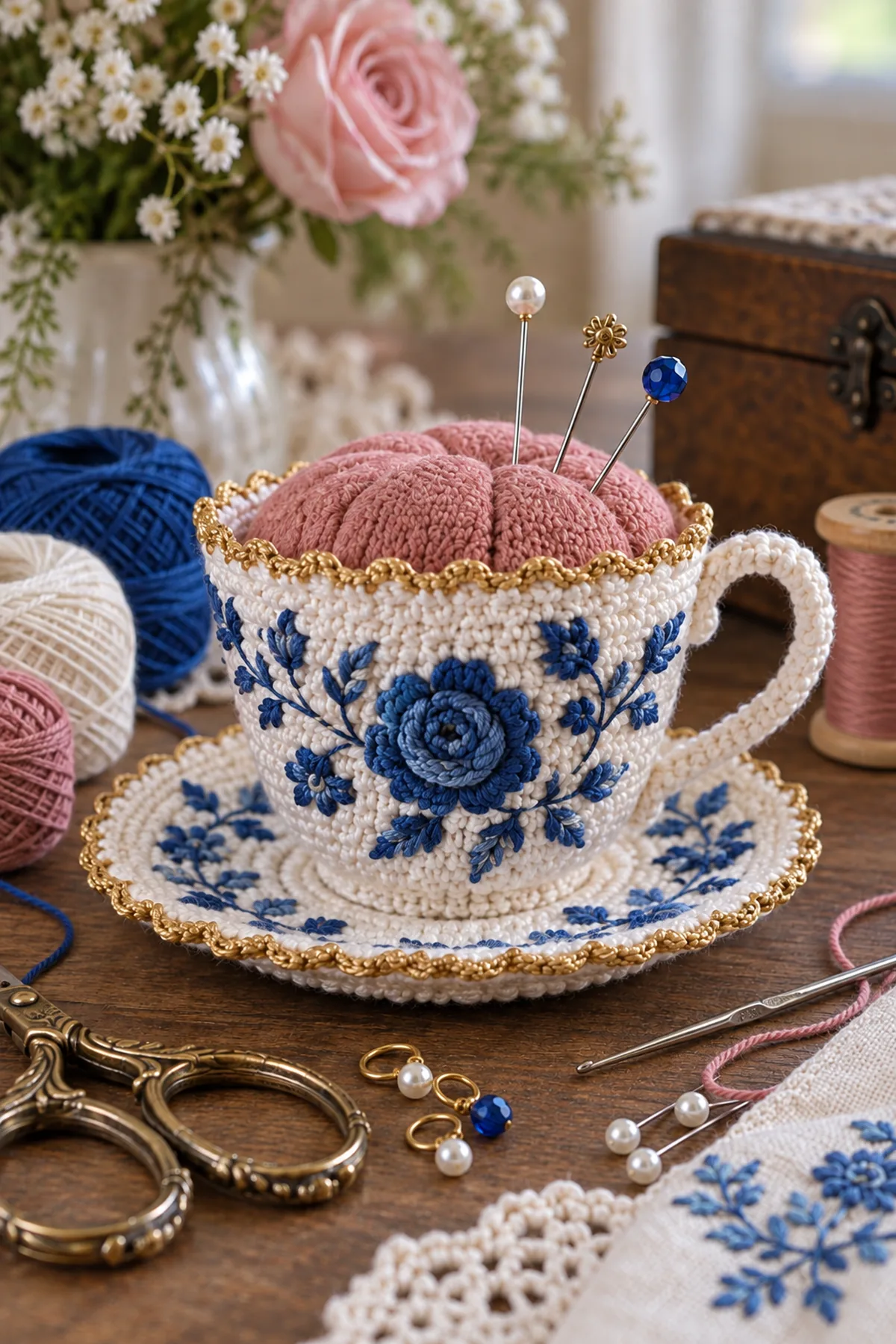 White cobalt gold and dusty rose sport cotton fine hook stuffing pouch markers needle and scissors