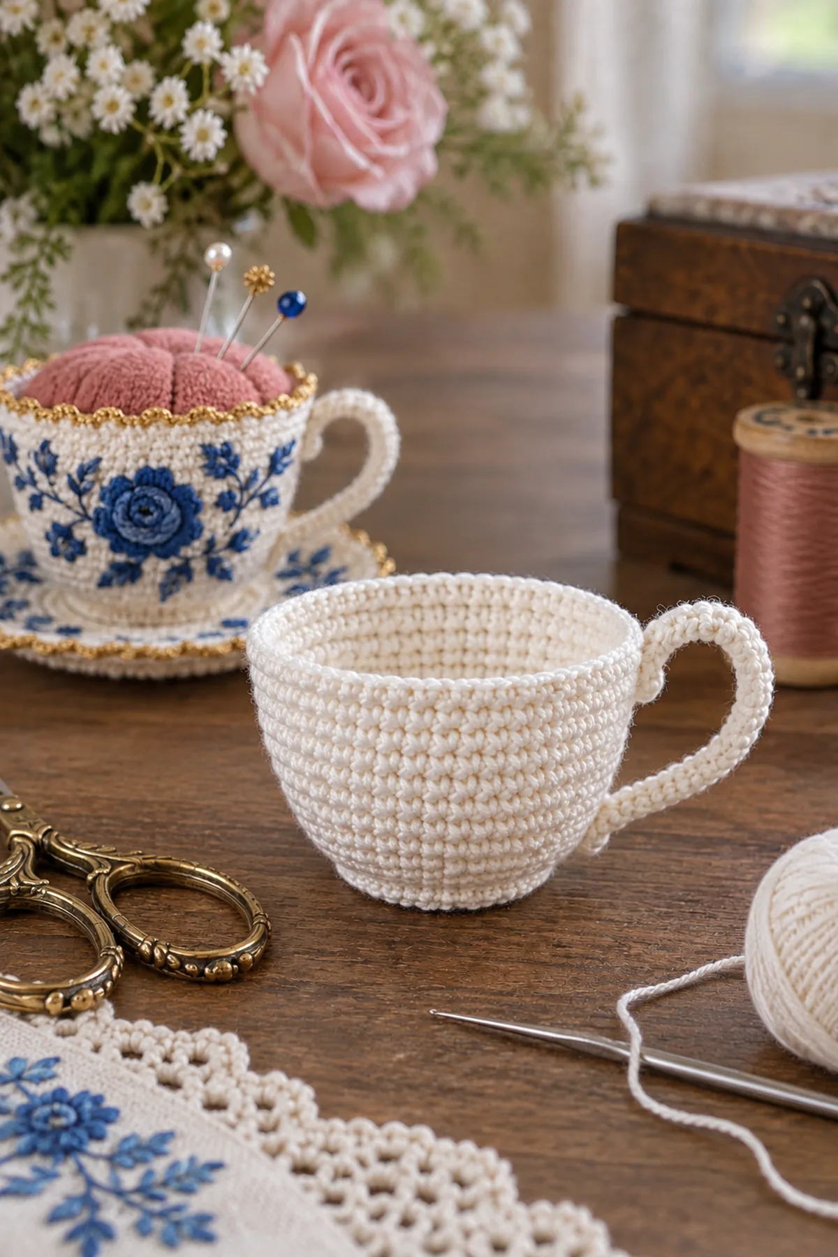 Small white crochet teacup base after the first shaping rounds