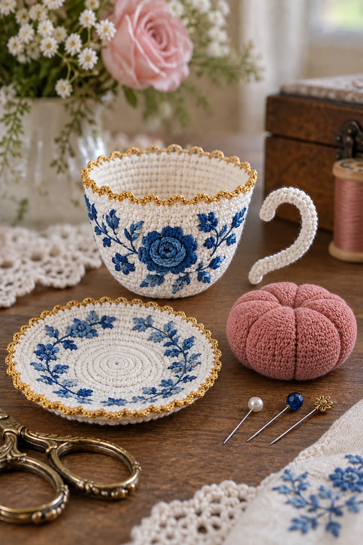 Crochet teacup saucer handle and rose pincushion components before assembly