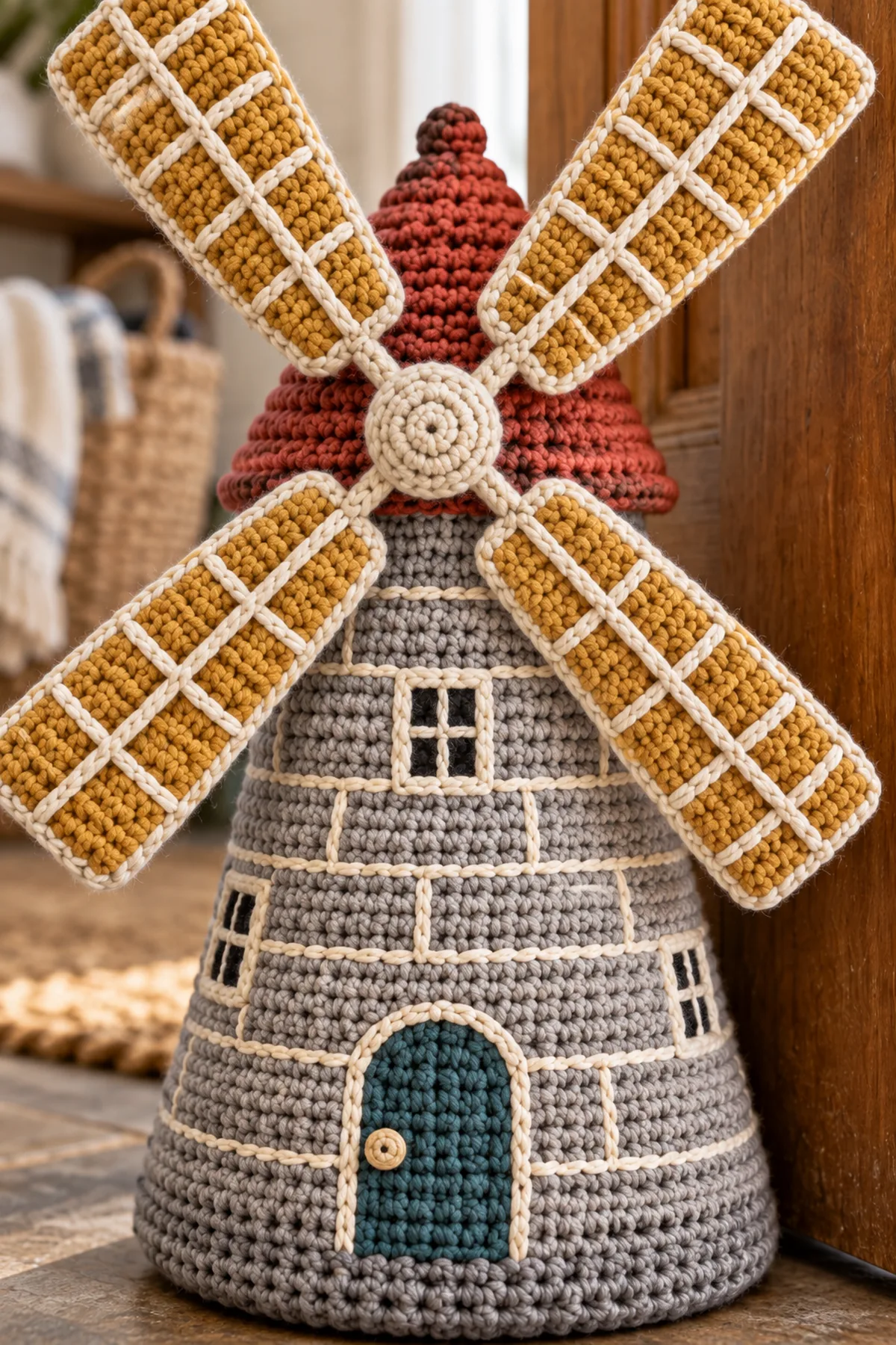 Close-up of padded mustard windmill blades red roof cream lattice and secure center join