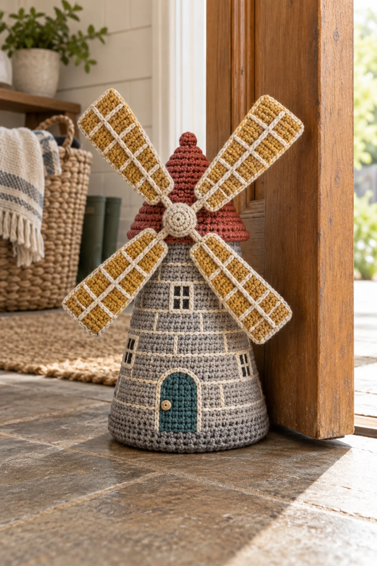 Finished crochet prairie windmill doorstop with gray tower red roof mustard blades cream lattice and teal door