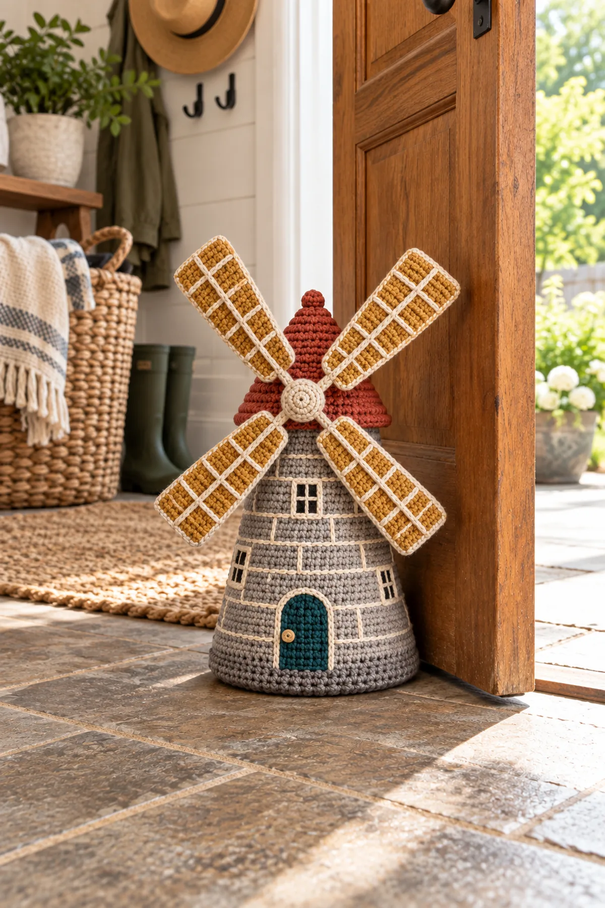 Prairie windmill crochet doorstop holding open a farmhouse mudroom door