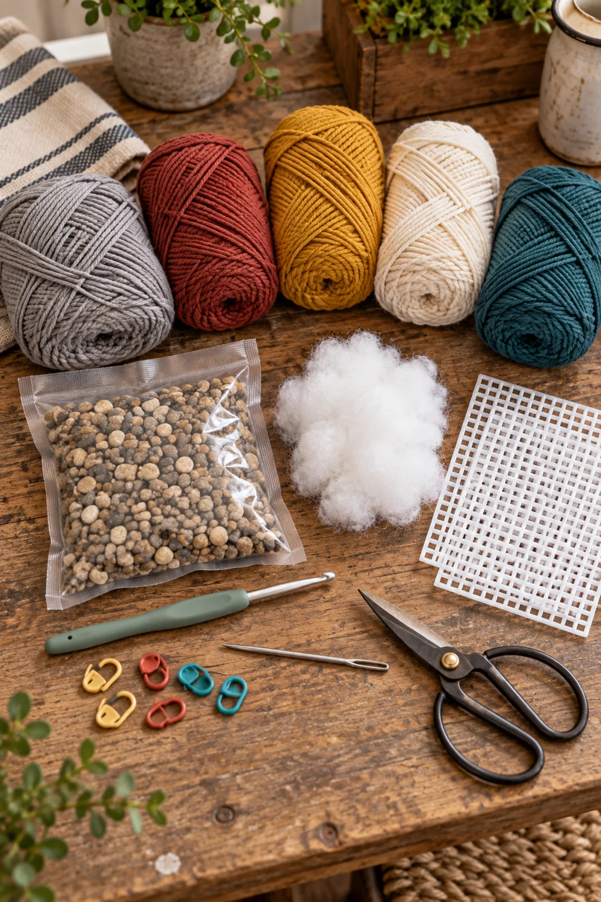 Gray red mustard cream and teal worsted yarn hook gravel pouch fiberfill plastic canvas markers and needle