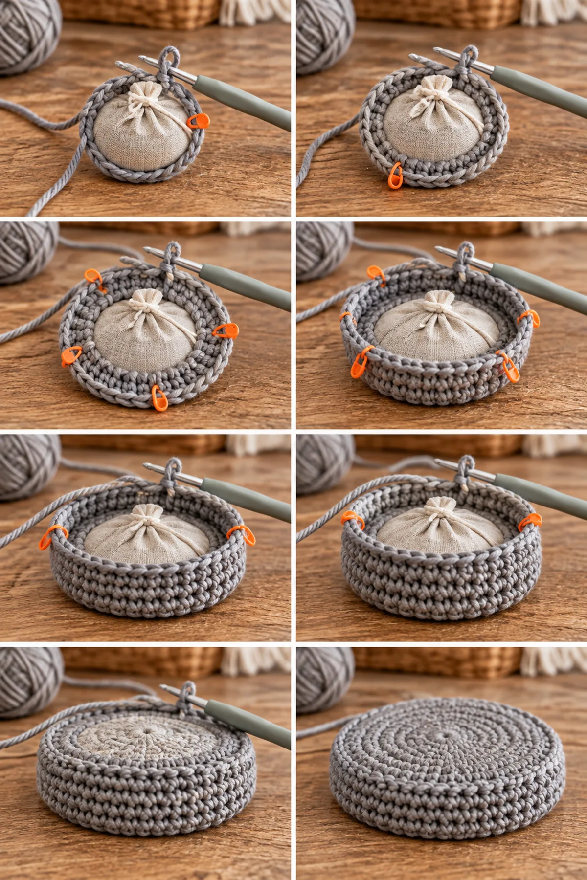 Stone gray eight stitch magic ring expanding around a reinforced weighted doorstop base