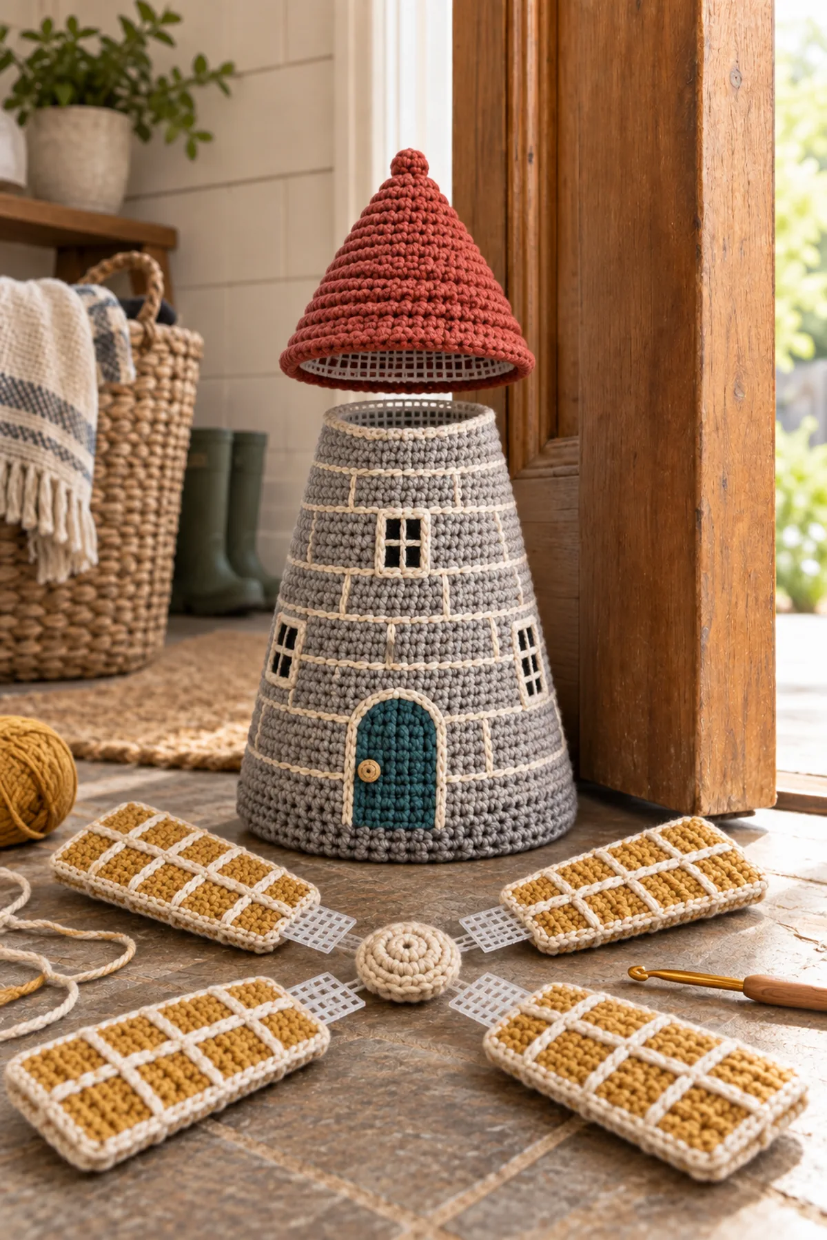 Tapered crochet windmill tower with teal door cream lattice and separate mustard blade panels