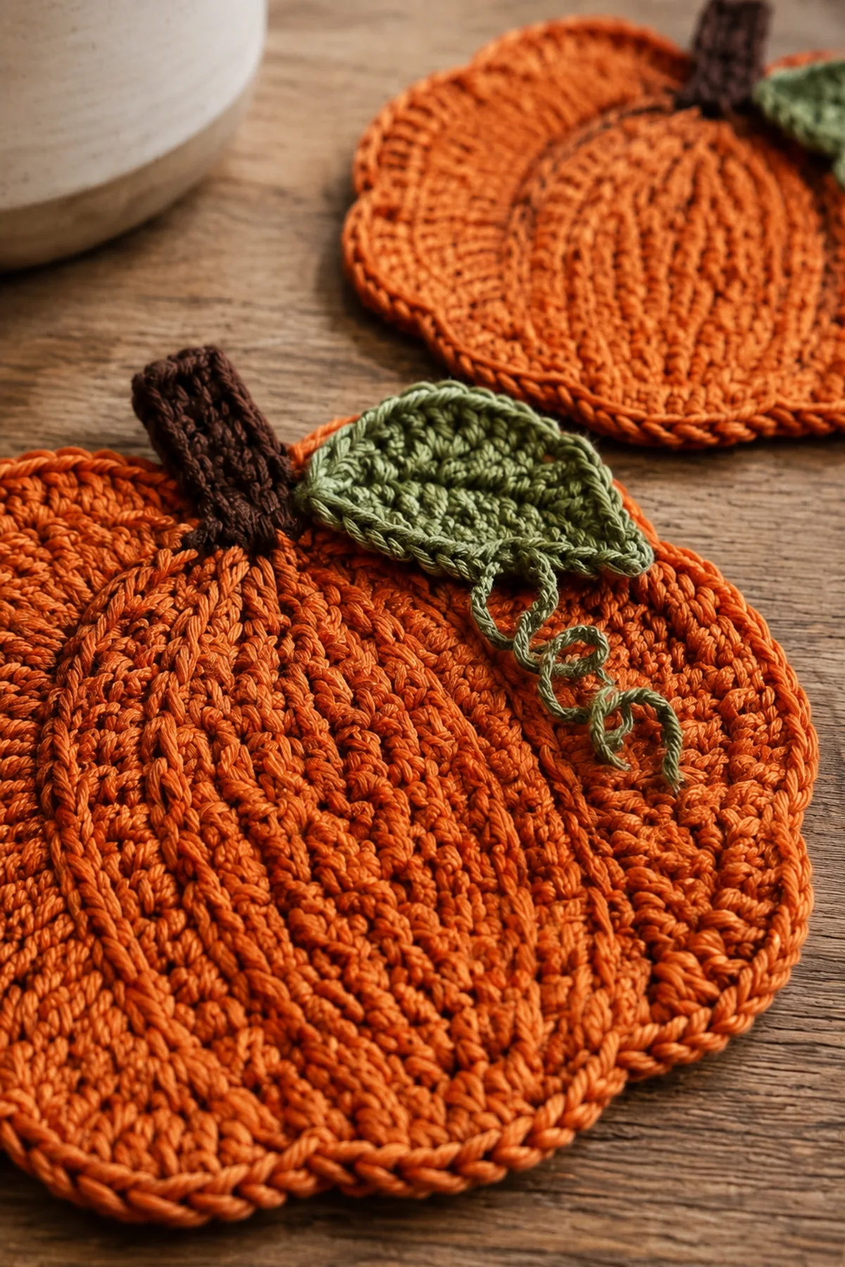 Close-up of the stitch texture and finishing details on crochet pumpkin mini trivets