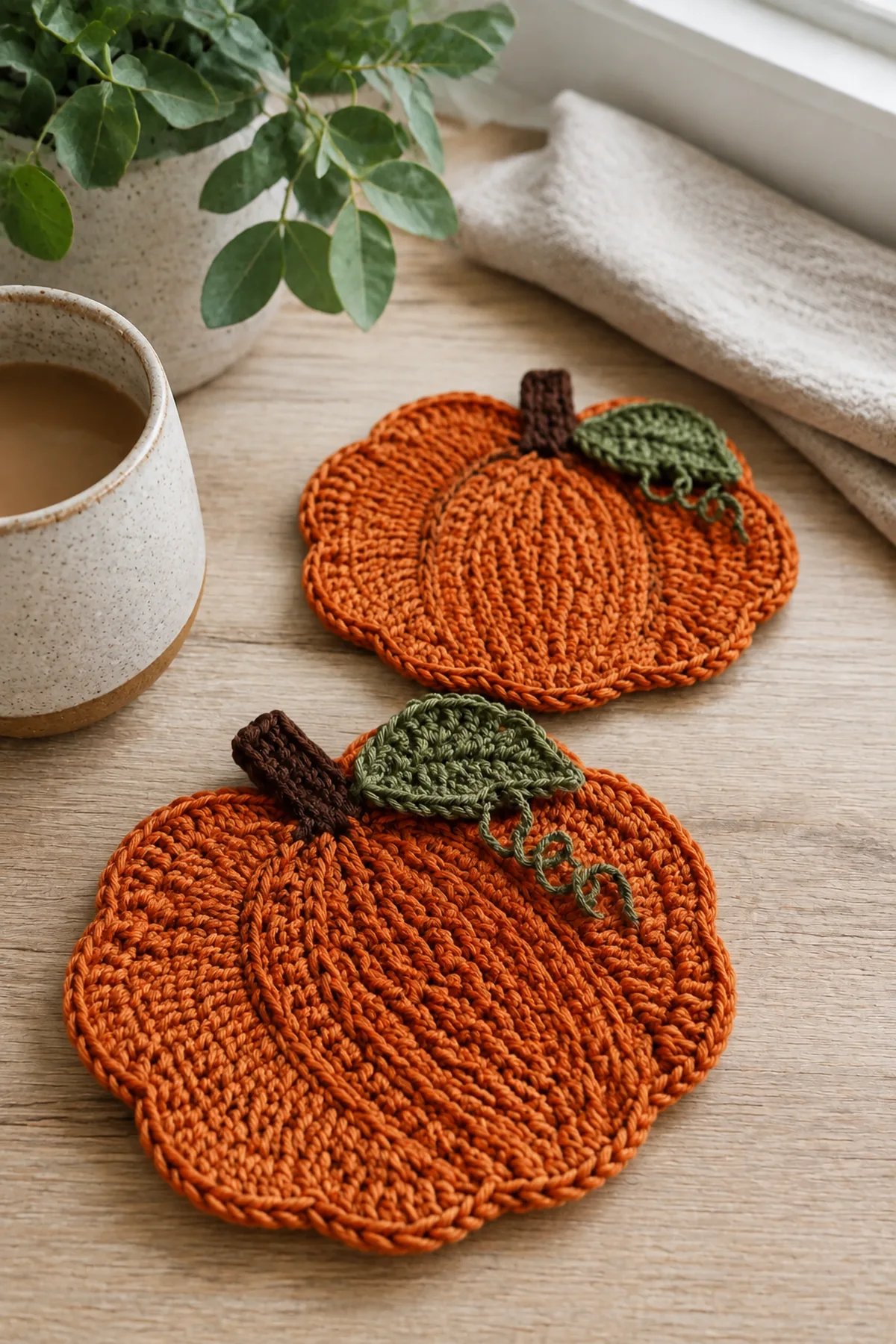 Finished crochet pumpkin mini trivets styled in a bright natural setting