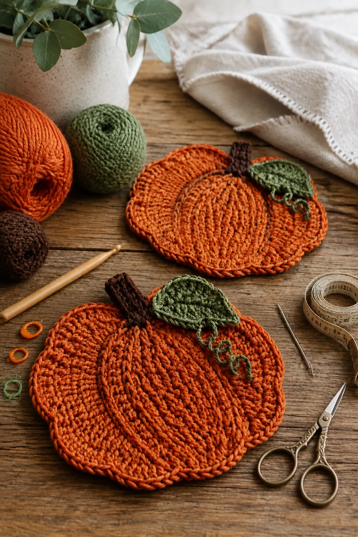 Yarn, crochet hook, stitch markers, yarn needle, tape measure, and scissors for crochet pumpkin mini trivets