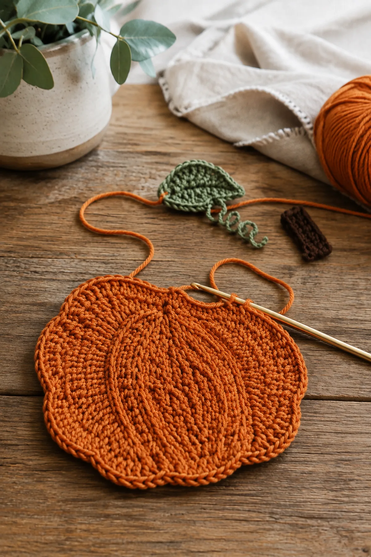 Early crochet construction stage for crochet pumpkin mini trivets with working yarn and hook