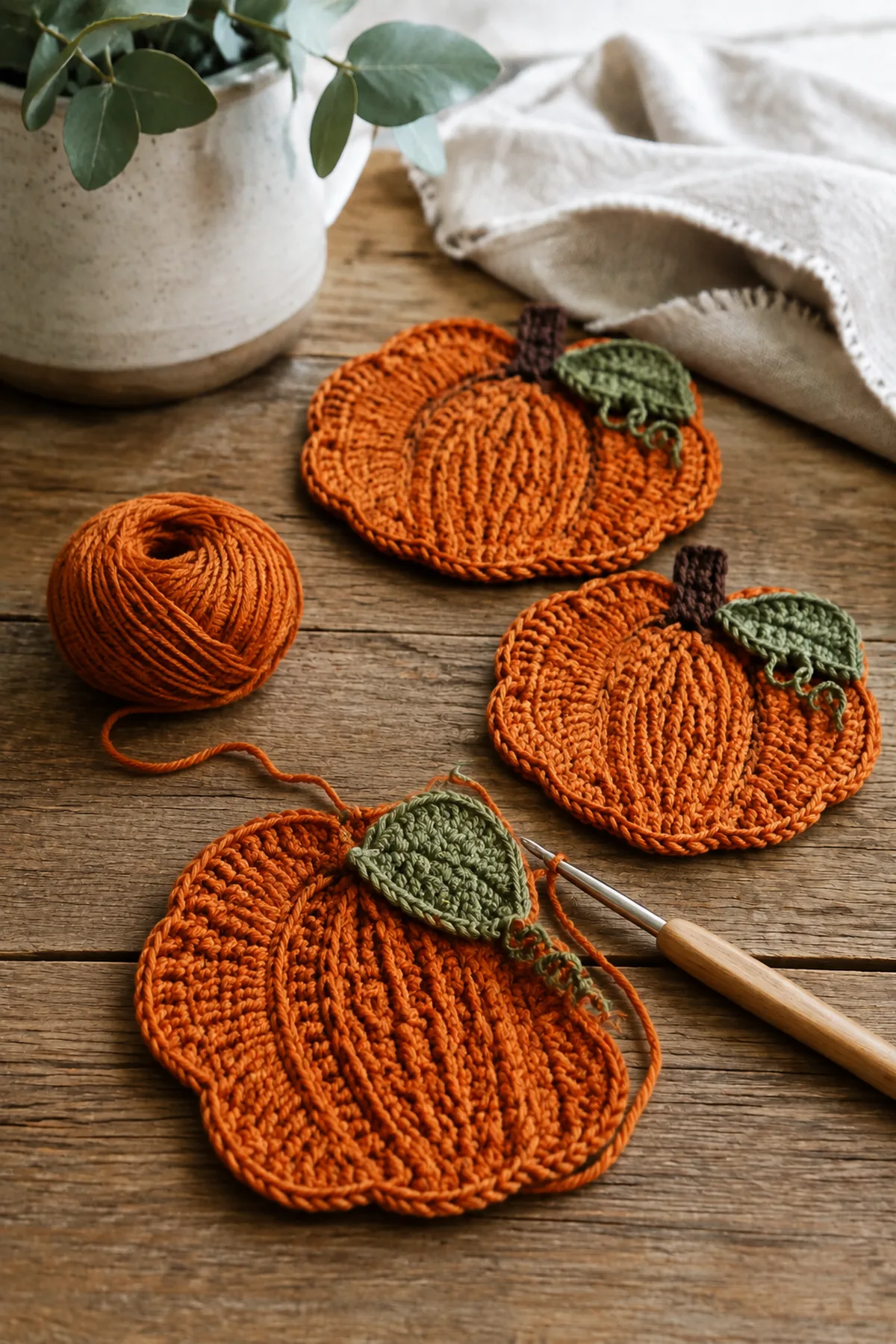 Mid-process crochet construction and shaping for crochet pumpkin mini trivets