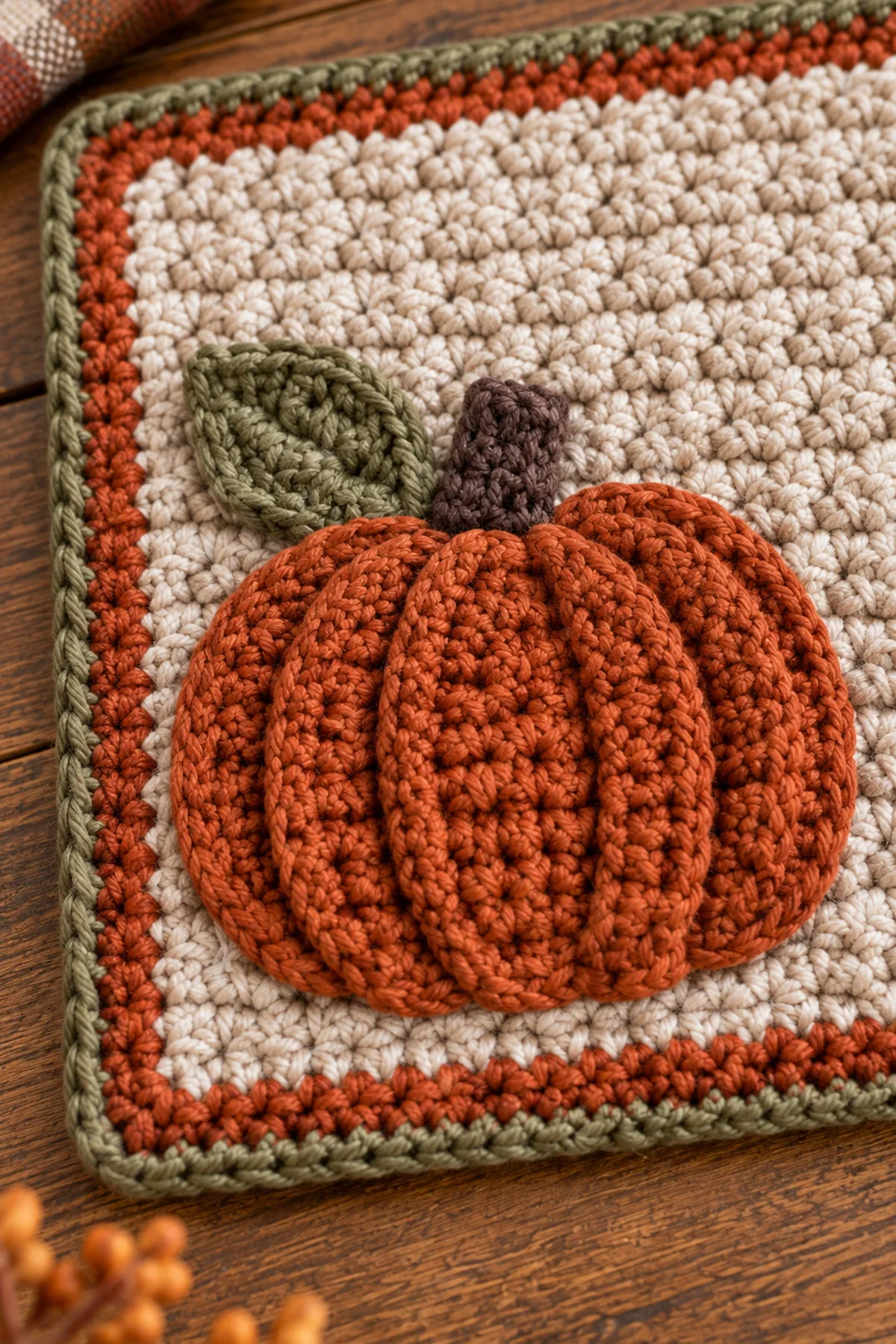 Close-up of pumpkin surface ribs linen stitch texture and two-color border