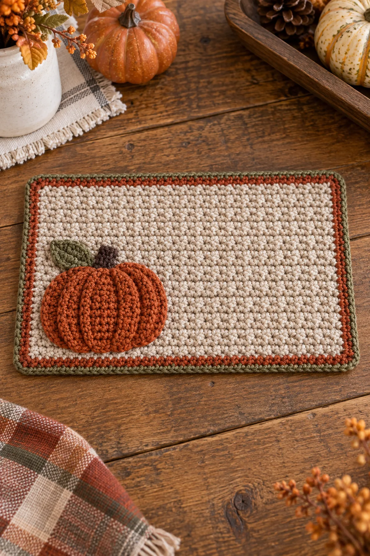 Finished oatmeal crochet pumpkin spice mug rug with orange pumpkin applique and olive border