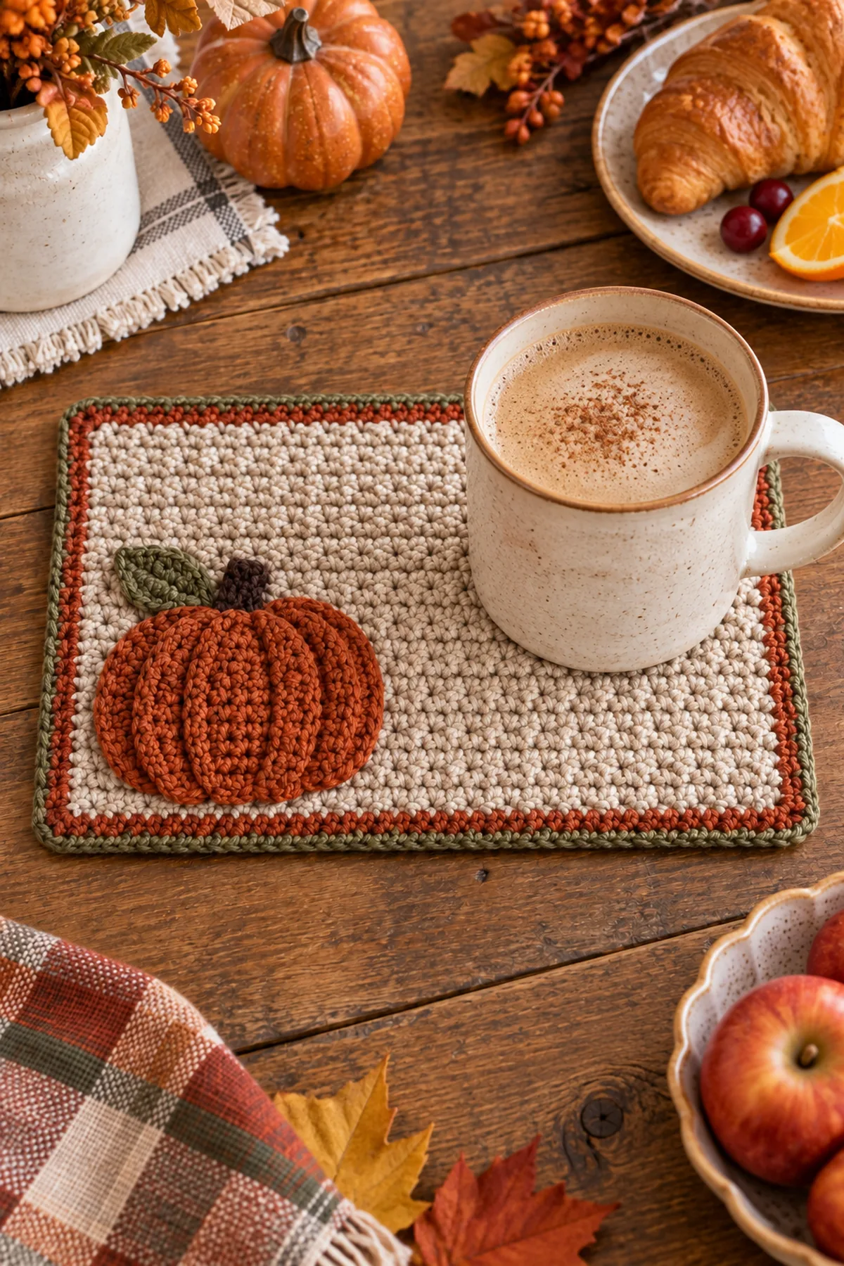 Pumpkin spice crochet mug rug styled with a warm drink and autumn decor