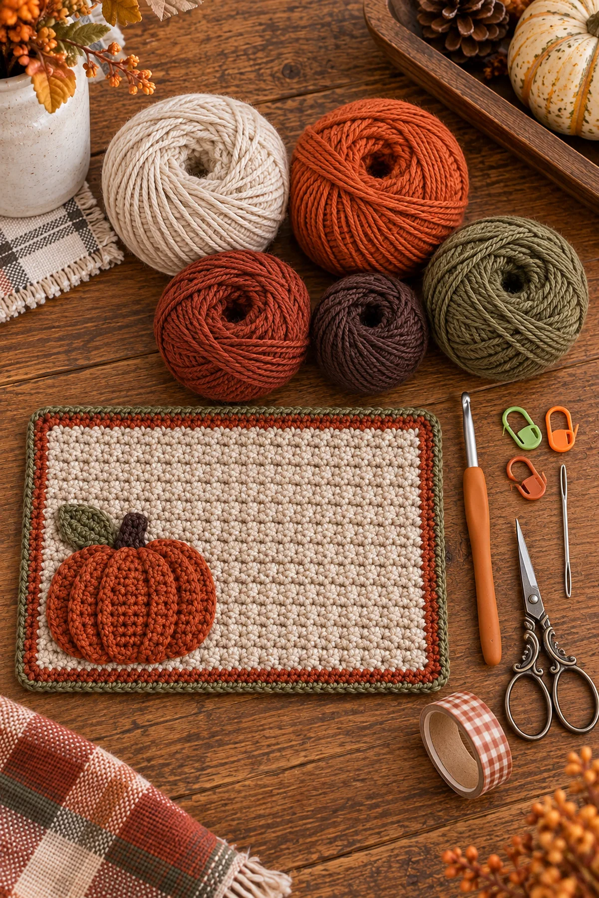 Oatmeal rust orange olive and brown cotton yarn with hook and mug rug tools