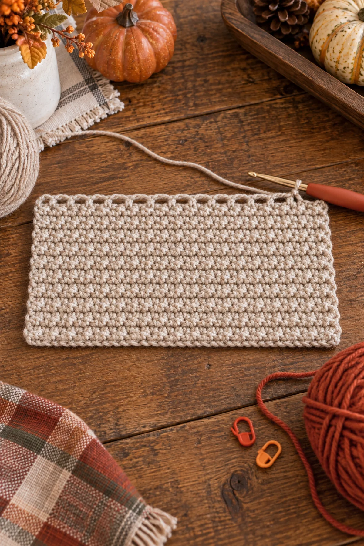 Oatmeal linen stitch crochet mug rug rectangle in progress