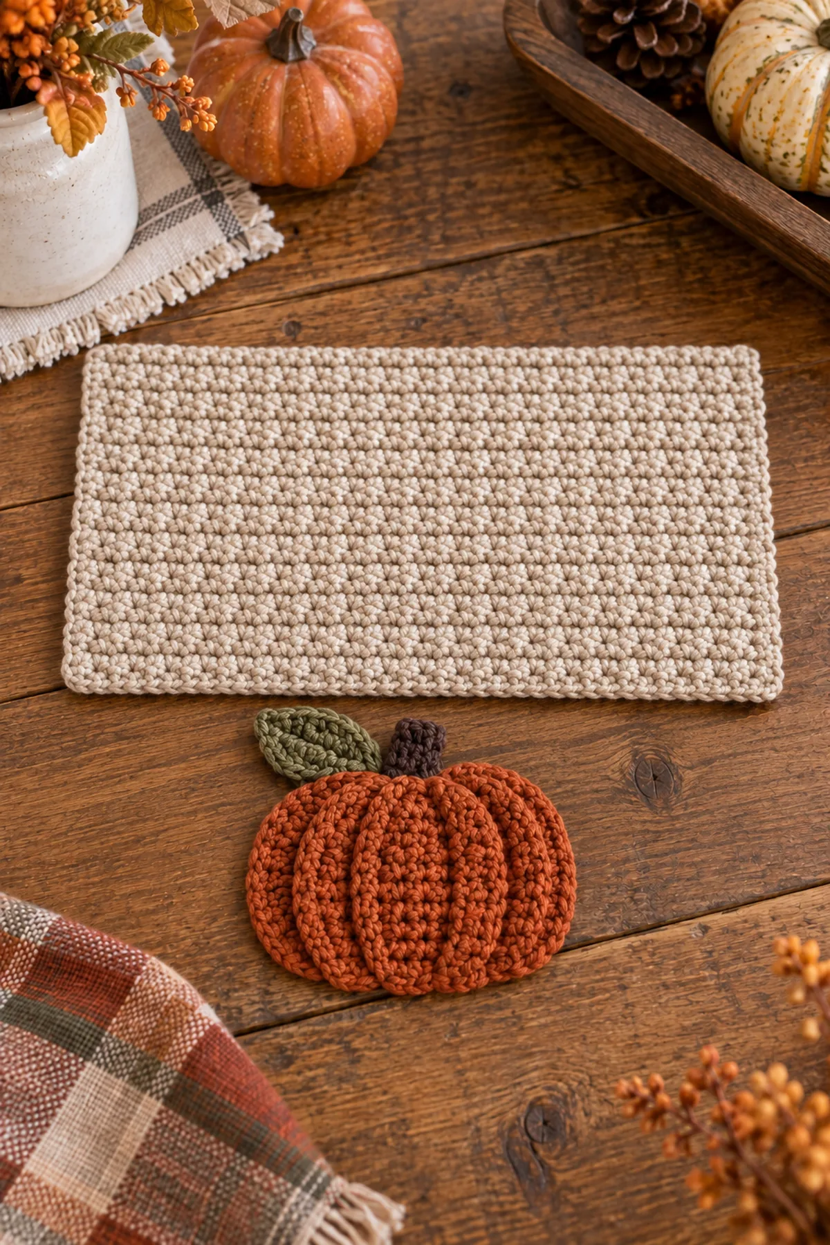 Crochet pumpkin applique stem and leaf arranged on the blocked mug rug base