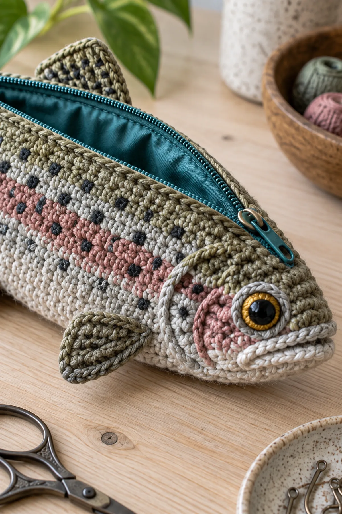 Close-up of crochet trout colorwork charcoal speckles embroidered eye shaped fin and zipper