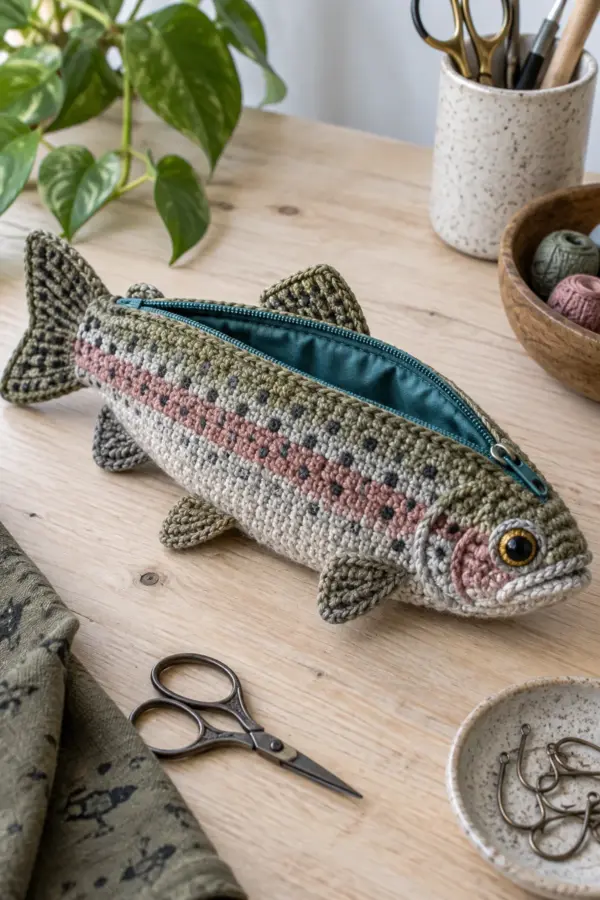 Finished fish shaped crochet rainbow trout zipper pouch with silver olive rose colorwork and teal zipper