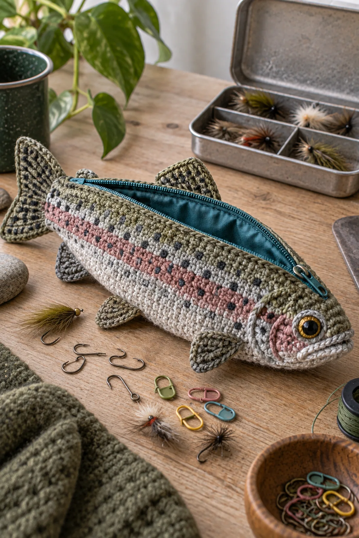 Rainbow trout crochet zipper pouch styled with small hooks and stitch markers beside a tackle-style tin