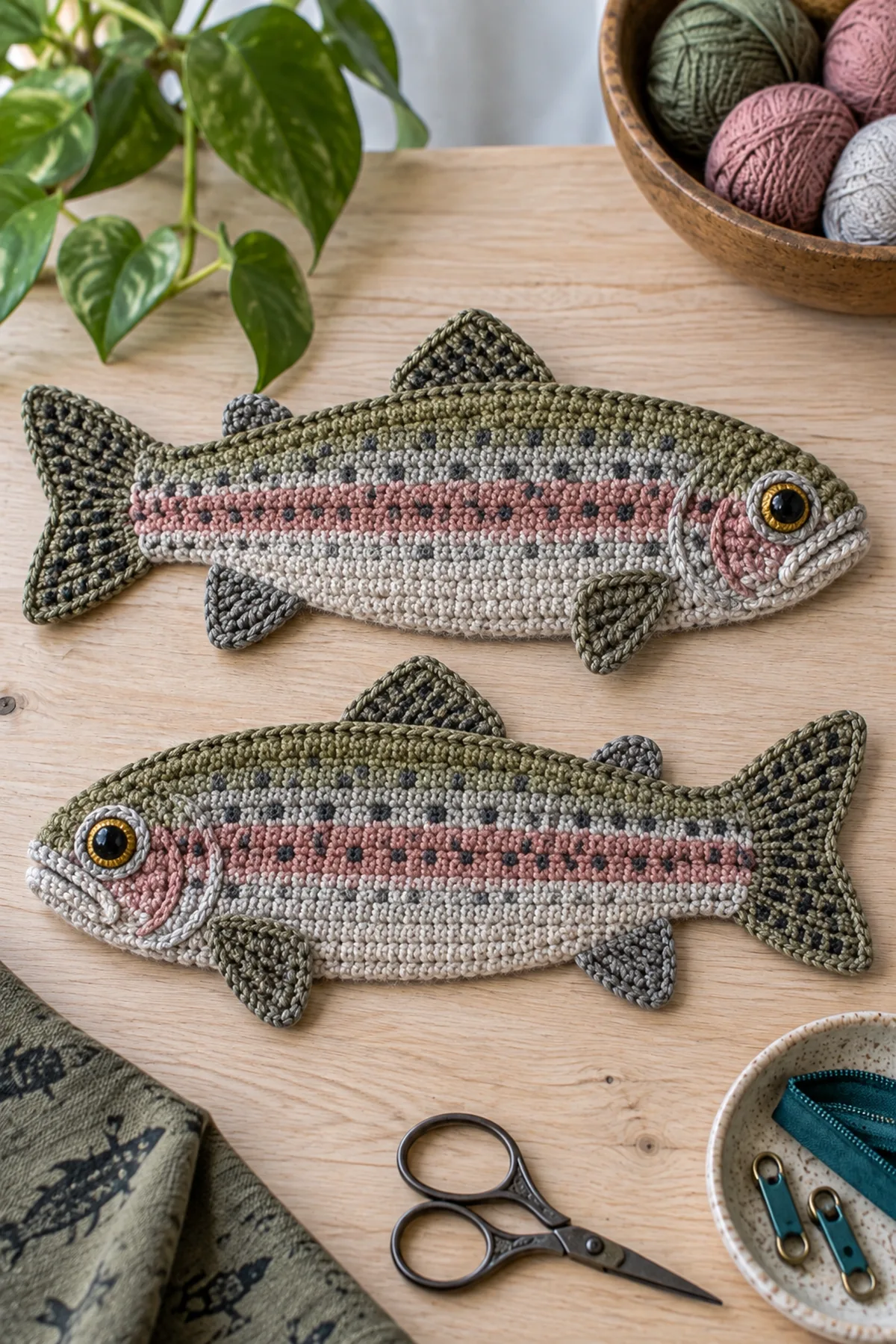 Two mirrored crochet trout pouch panels with rosy stripes and forked tails before assembly