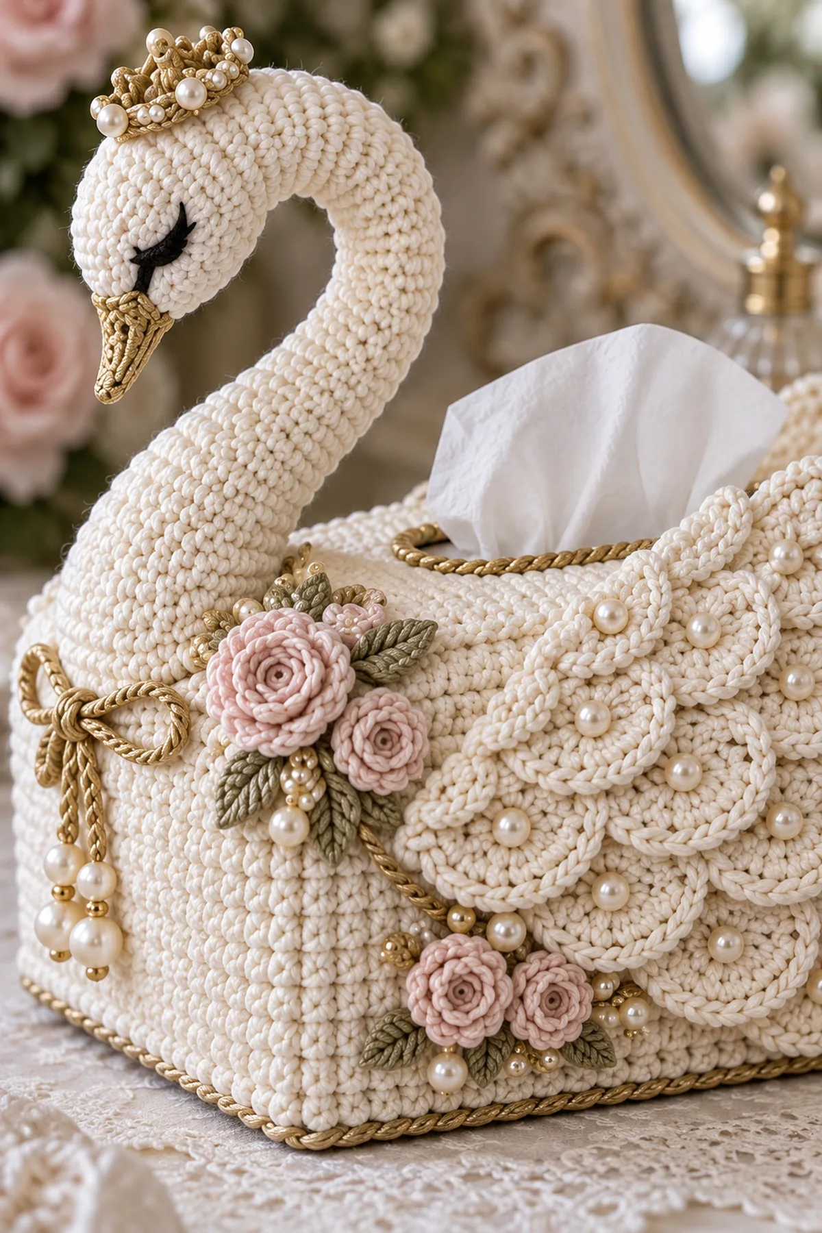 Close-up of shell stitch swan feathers blush rosette pearl accents and antique gold cord