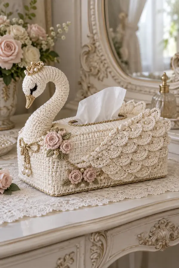 Finished crochet Rococo swan tissue box cover with ivory wings curved neck blush roses pearls and gold trim