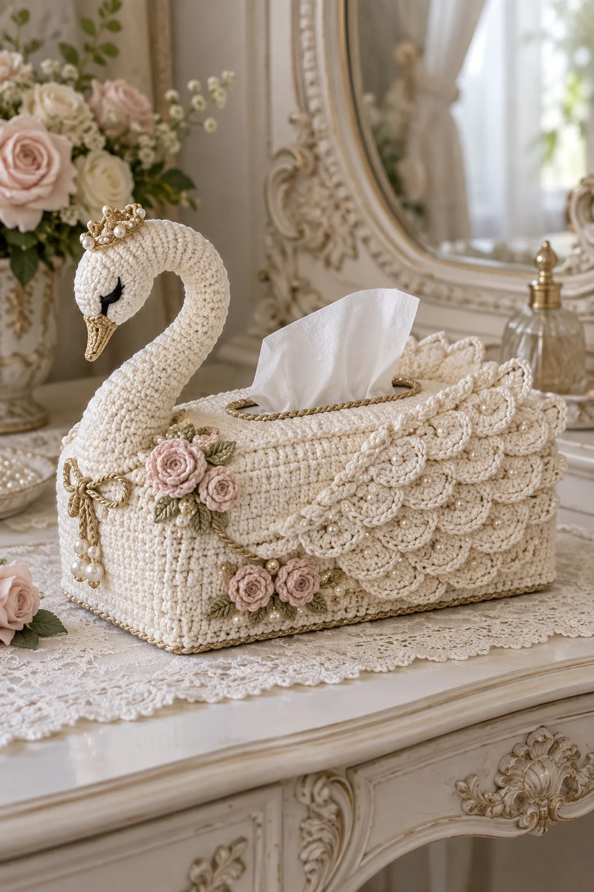 Finished crochet Rococo swan tissue box cover with ivory wings curved neck blush roses pearls and gold trim