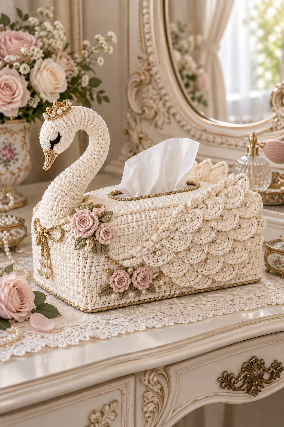 Rococo swan crochet tissue box cover styled on a romantic dressing table