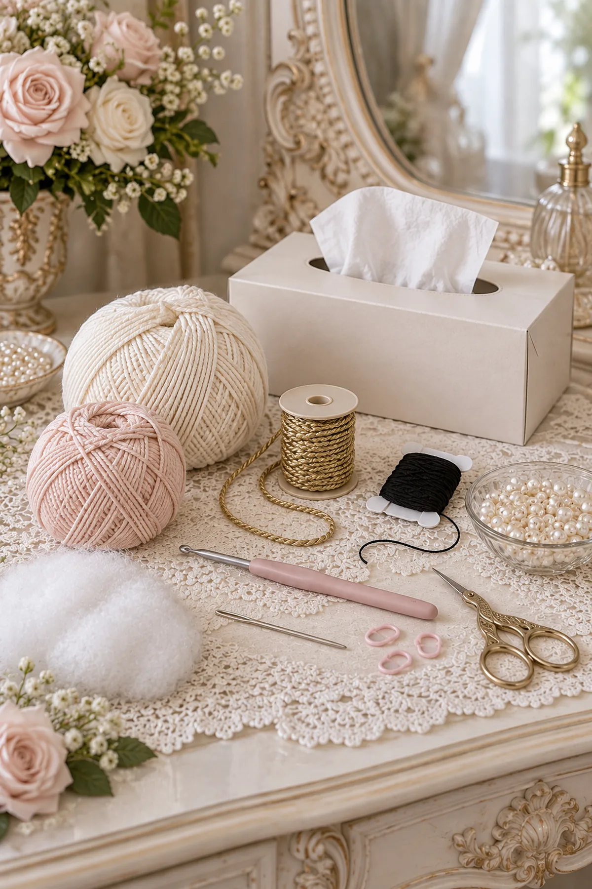 Ivory blush gold and black DK yarn hook fiberfill pearl buttons tissue box markers and needle