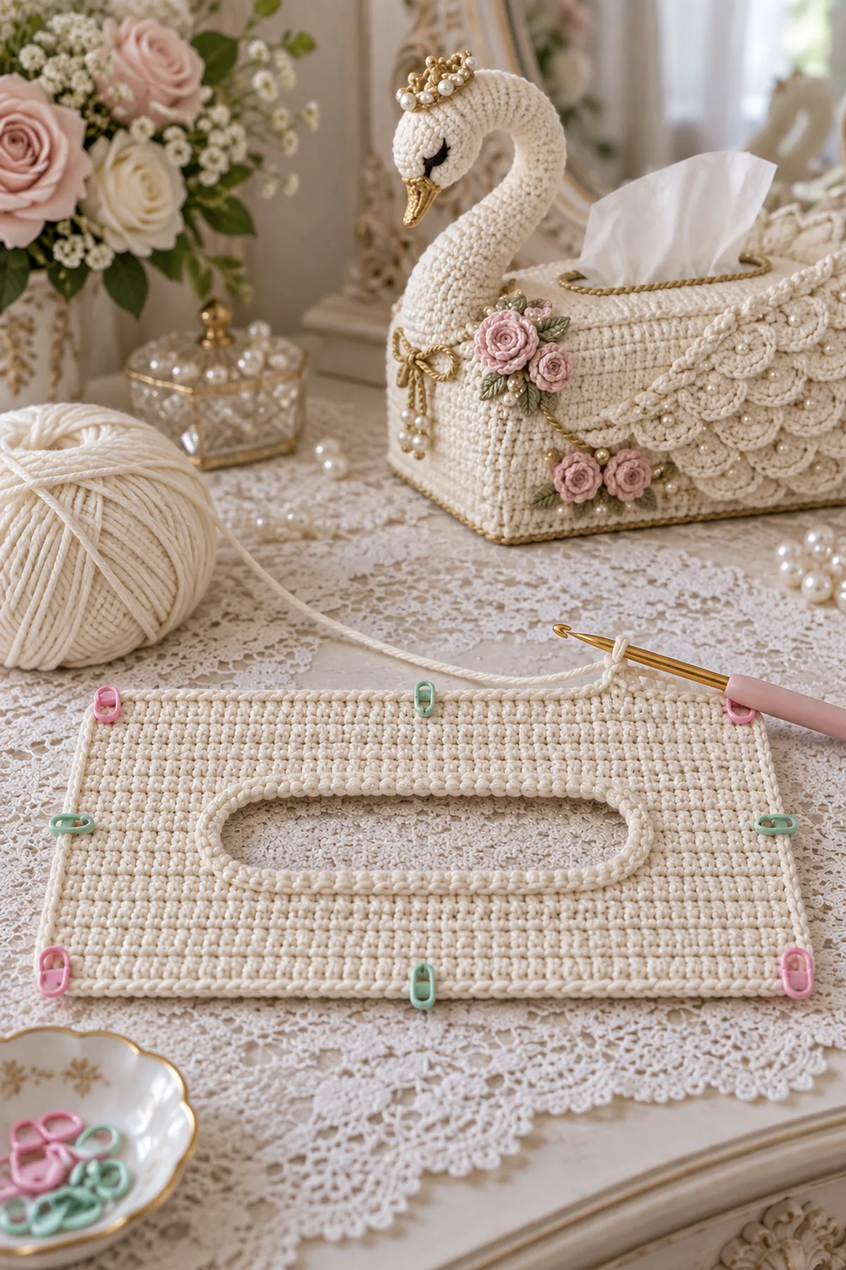Ivory 51 stitch top panel foundation with first rows around the tissue opening