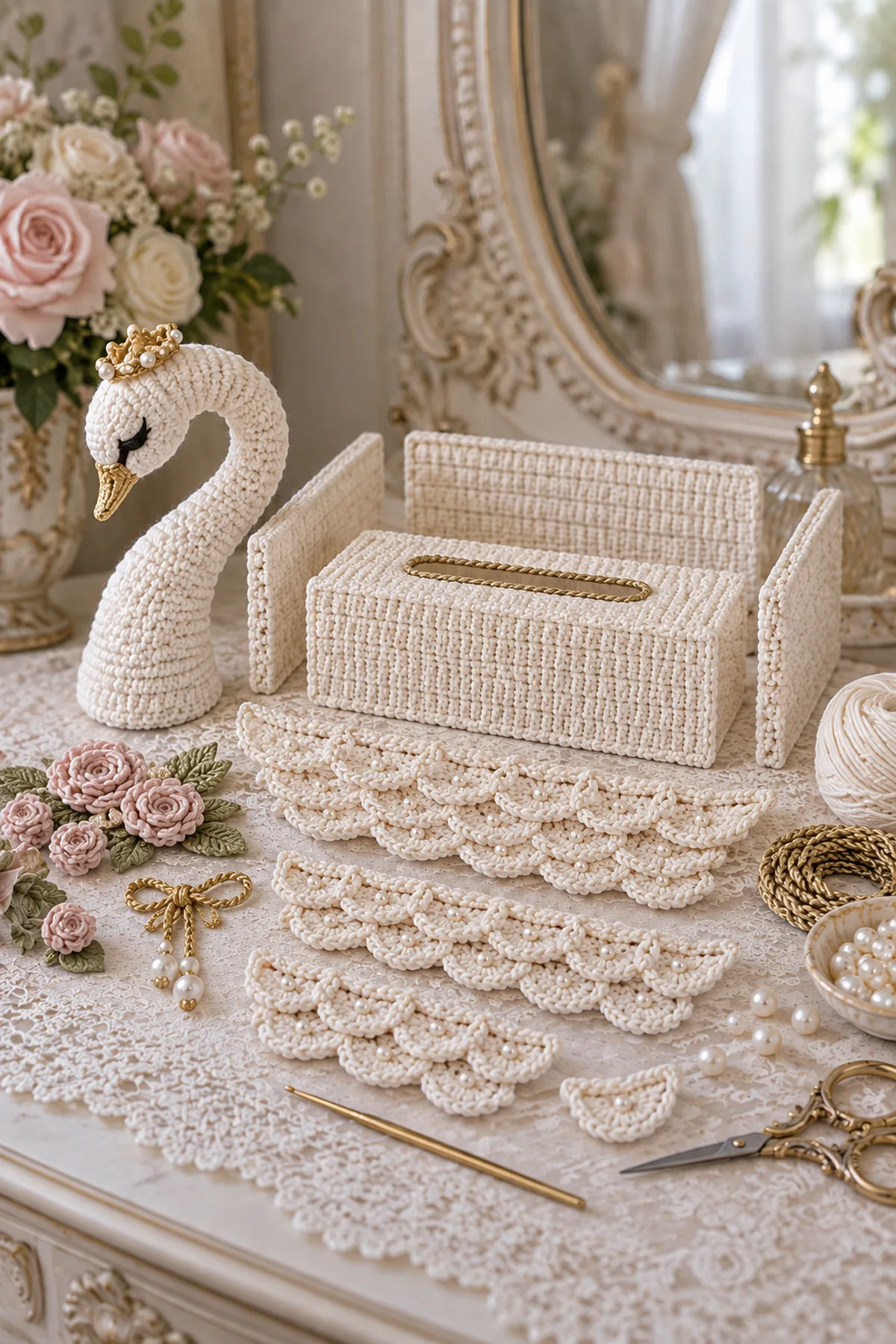 Crochet tissue cover panels curved swan neck and layered feather strips before assembly