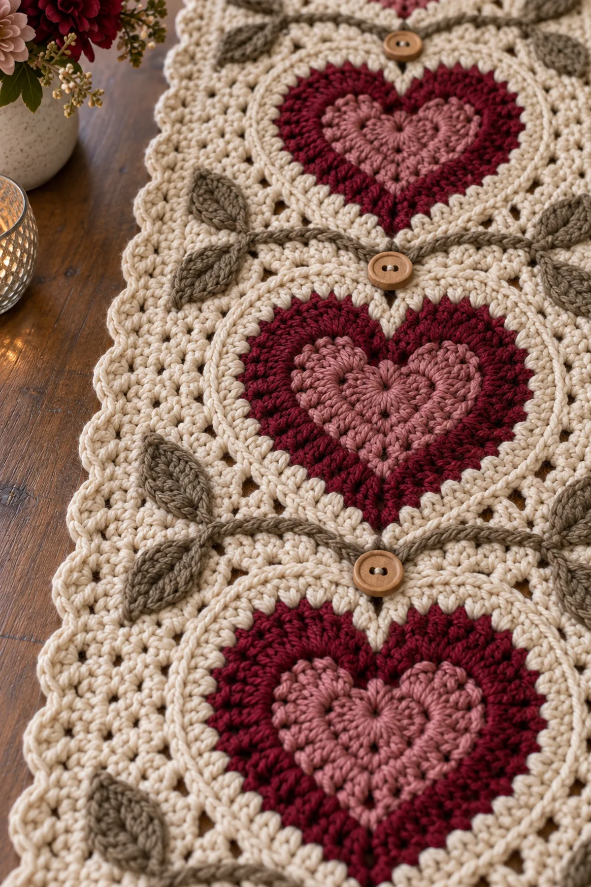 Close-up of crochet heart wooden button surface lacing and linen stitch border