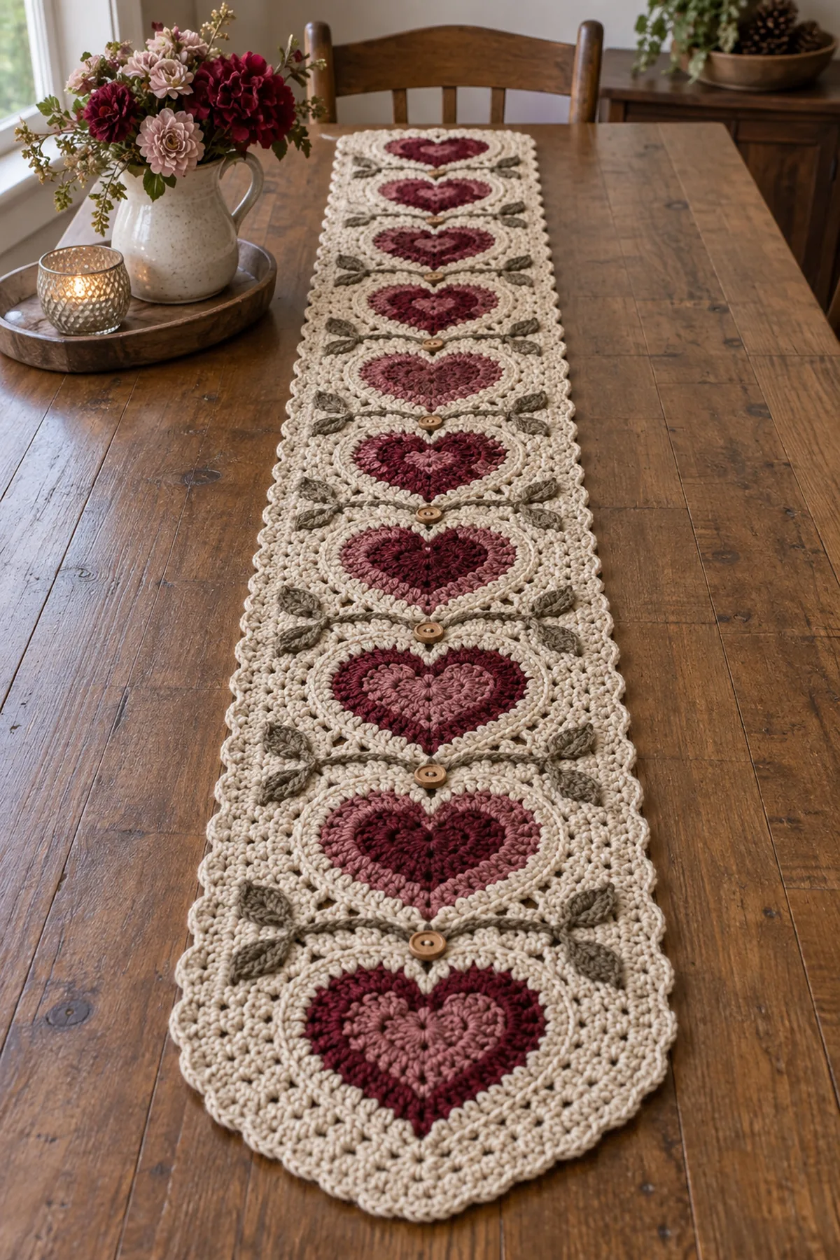 Finished oatmeal crochet rustic heart table runner with burgundy and rose motifs