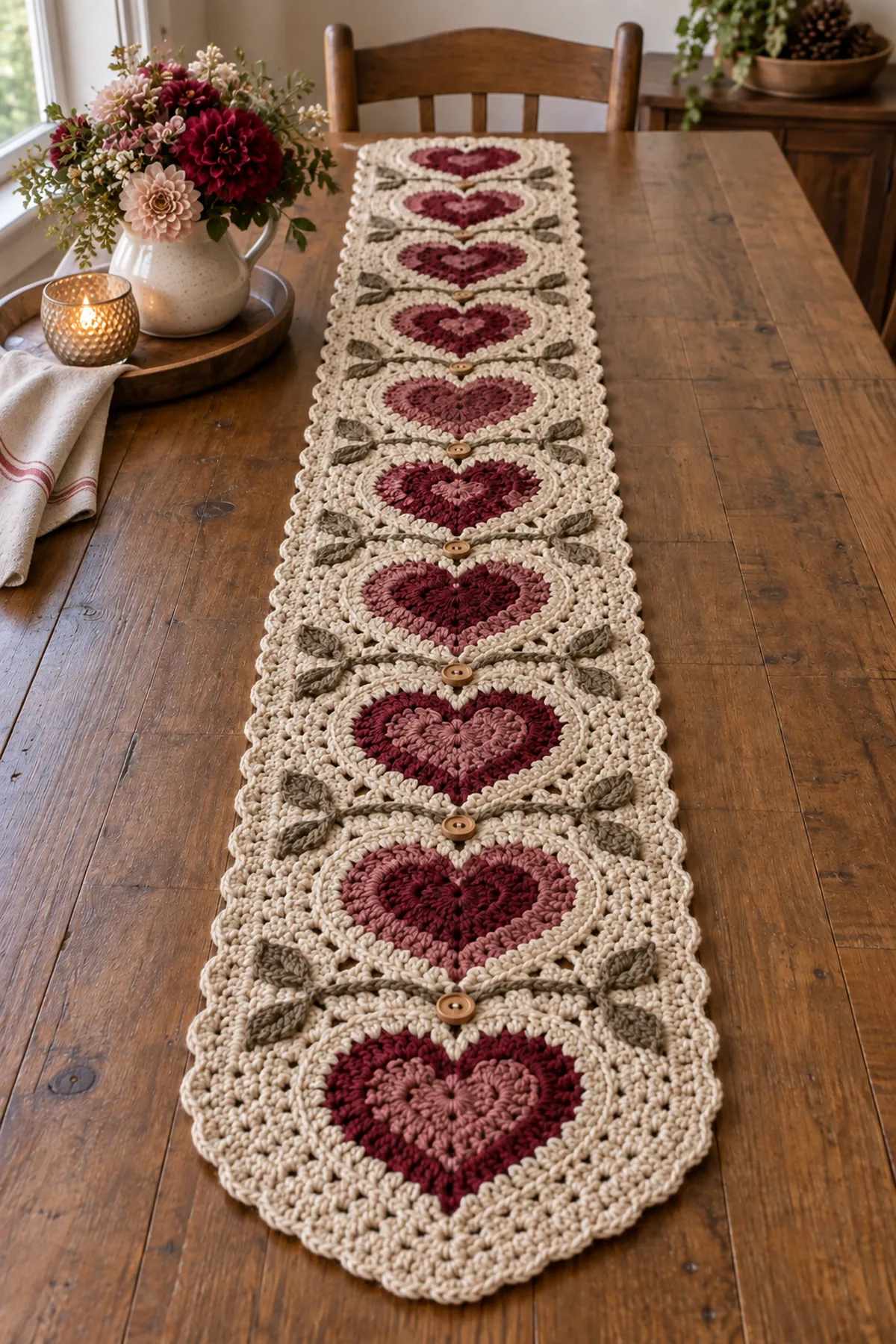 Rustic heart crochet table runner styled on a warm farmhouse table