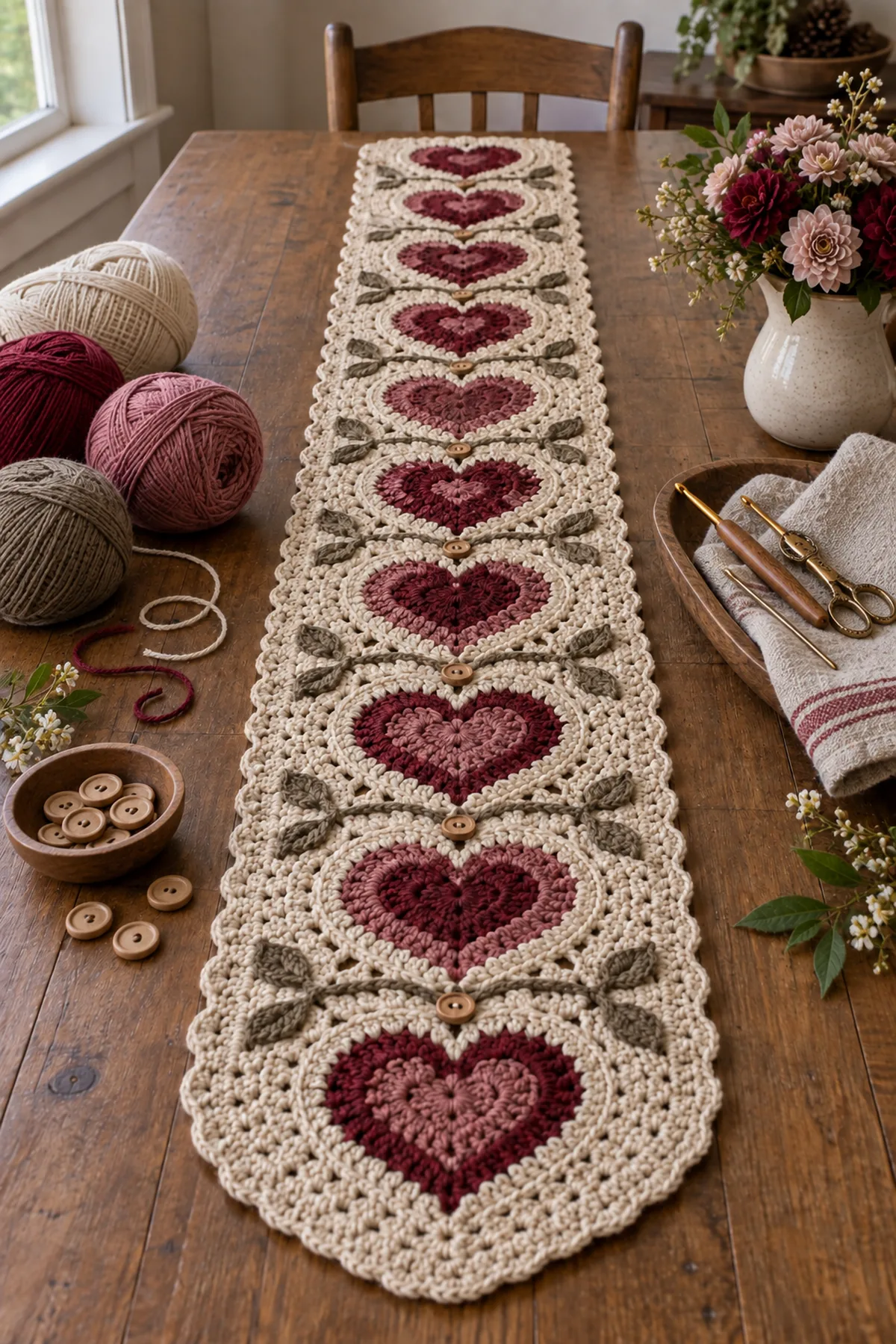 Oatmeal burgundy rose and taupe cotton yarn with crochet tools and wooden buttons