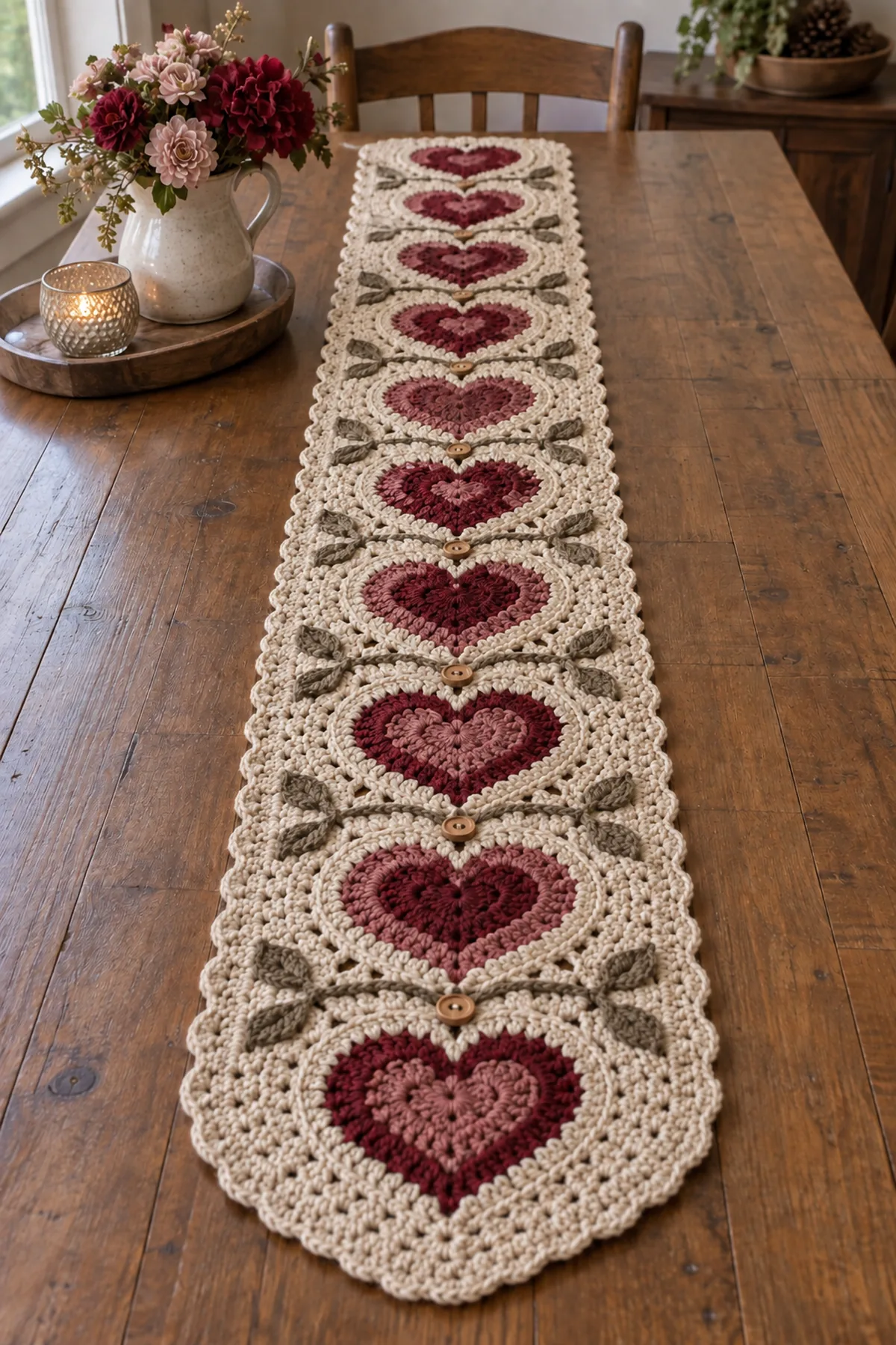 Nine burgundy and rose crochet hearts arranged along a taupe path