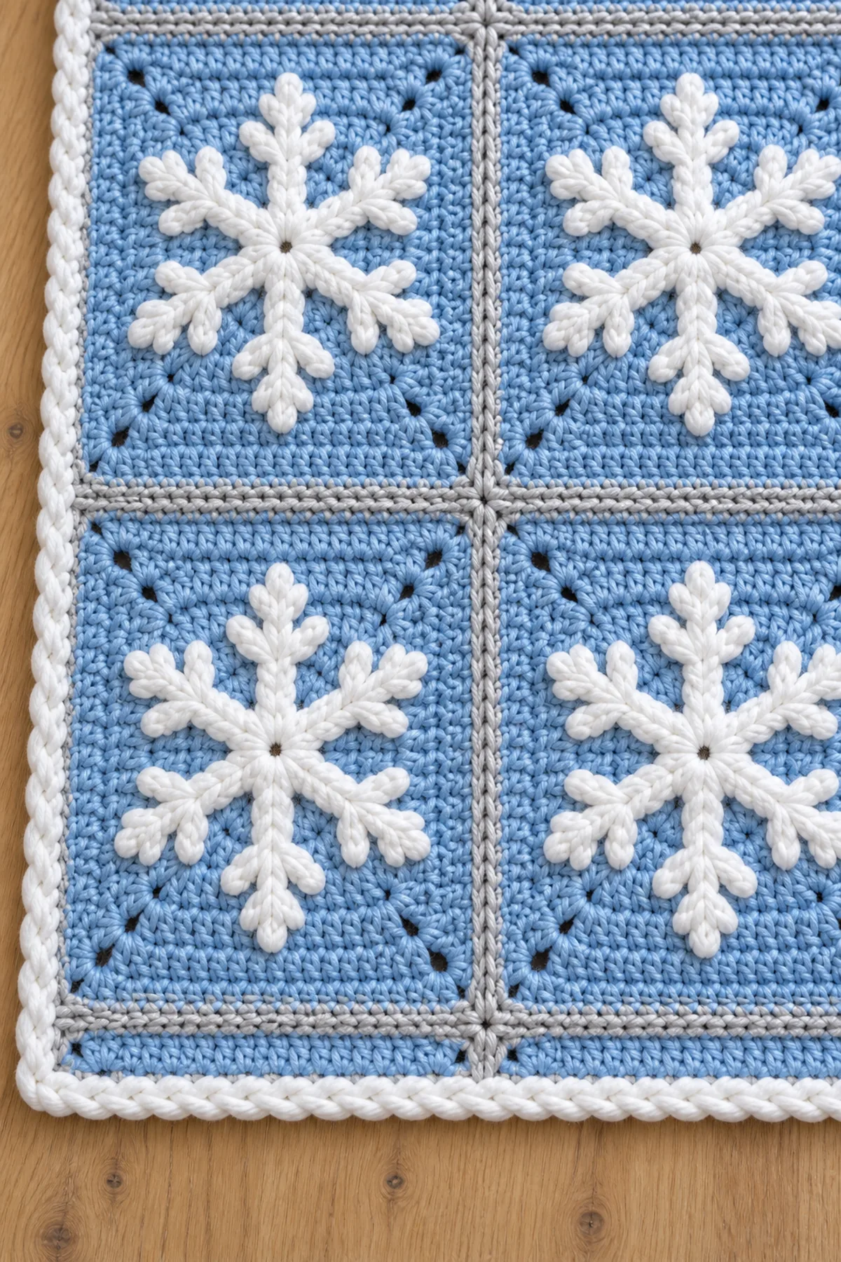 Close-up of white crochet snowflake blue square silver join and twisted white border